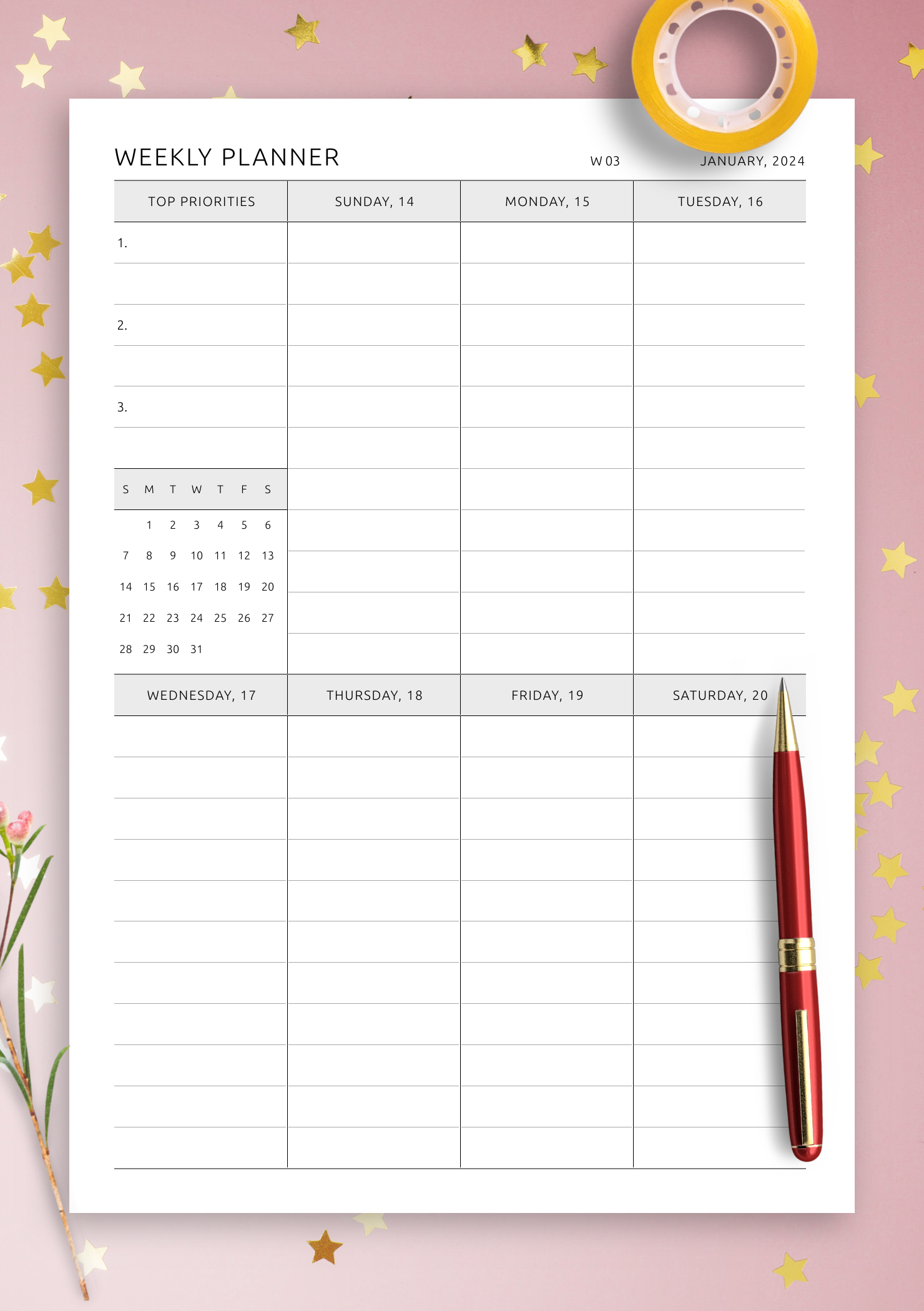 week on one page printable