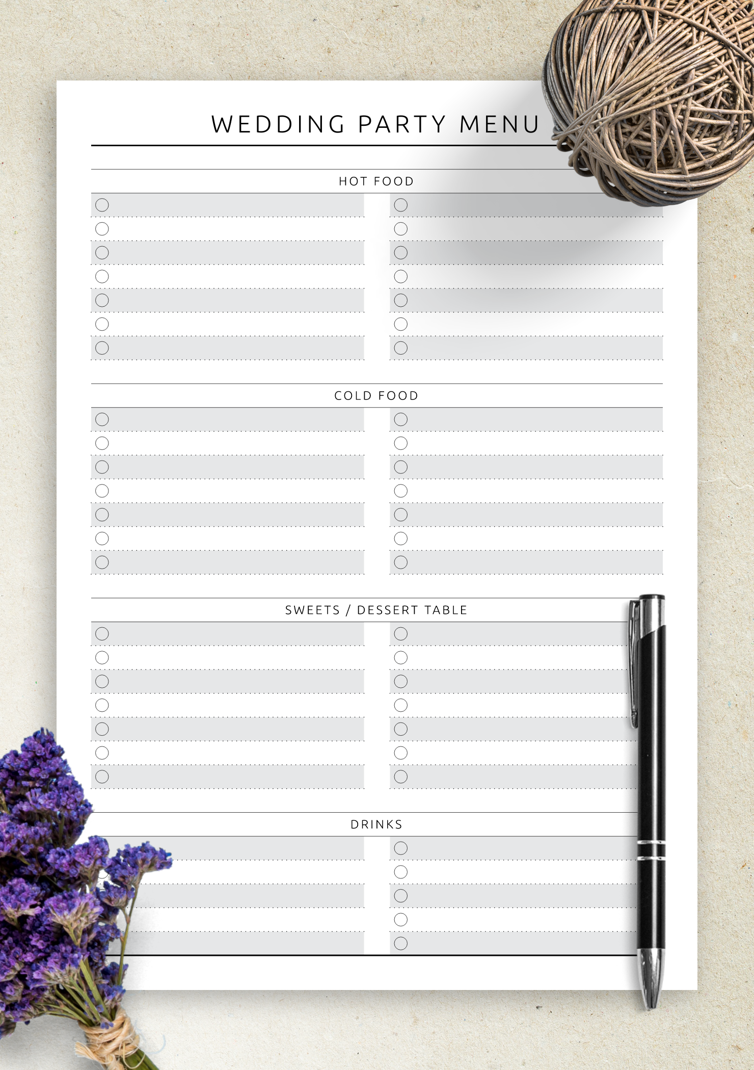 free printable wedding menu template