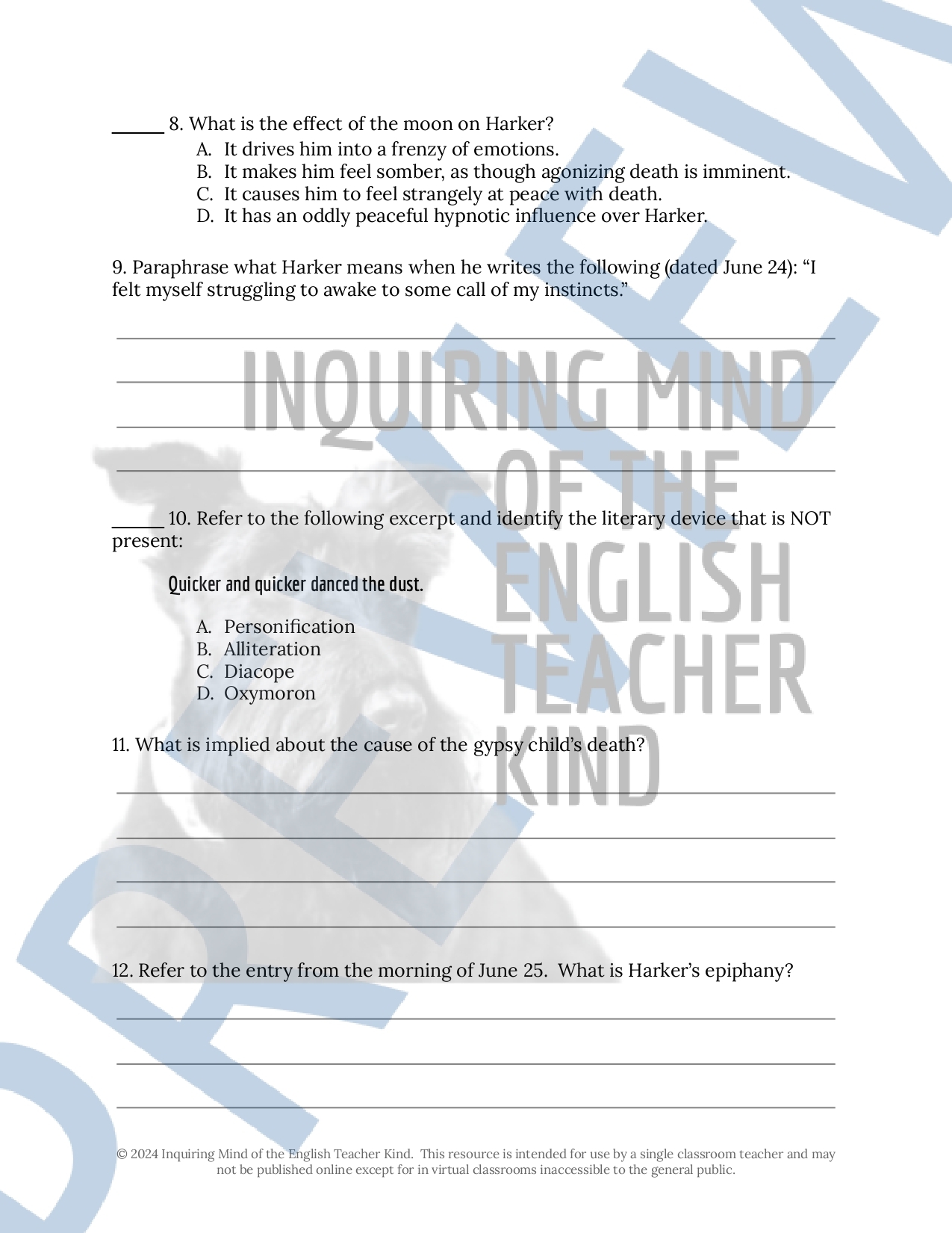 Dracula Chapter 4 Close Reading Analysis Worksheet And Answer Key Made By Teachers