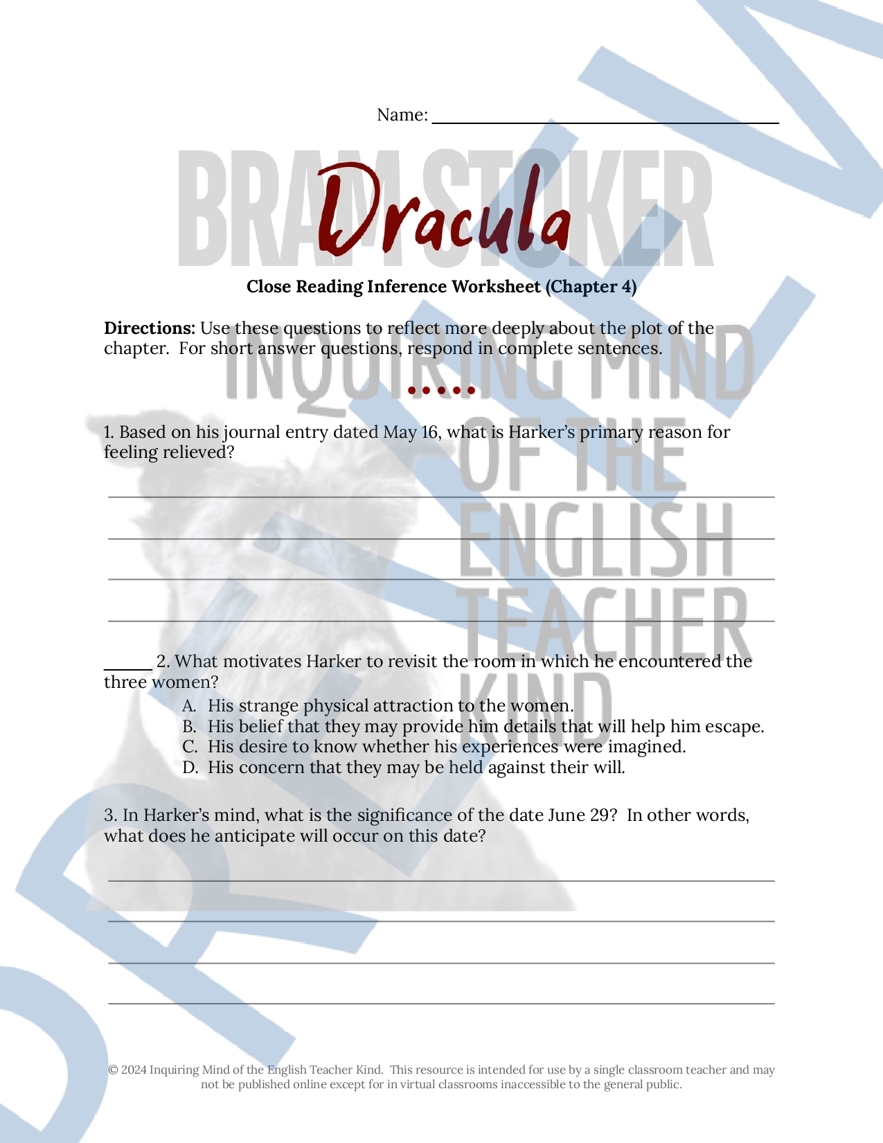 Dracula Chapter 4 Close Reading Analysis Worksheet And Answer Key Made By Teachers