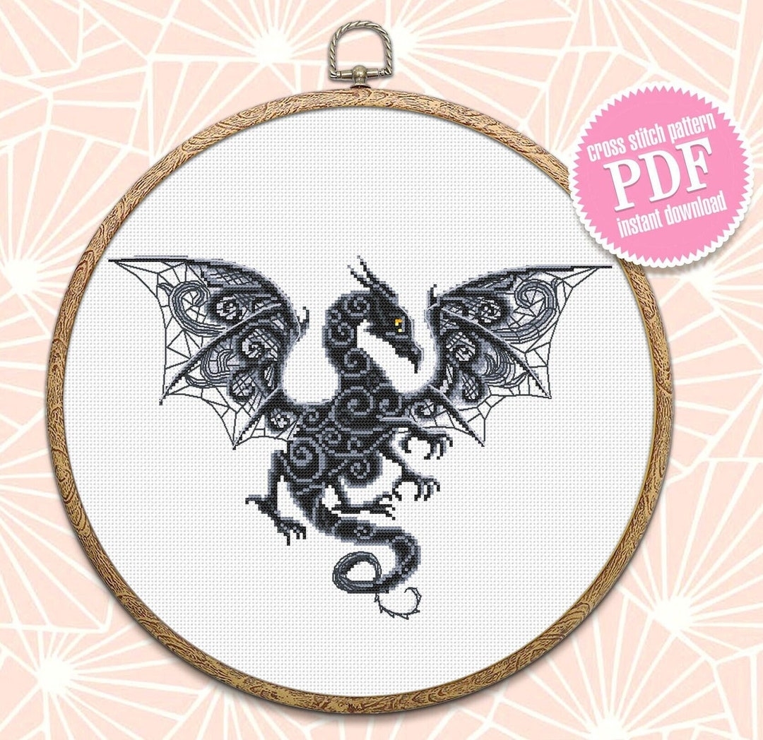 Dragon Cross Stitch Pattern Download PDF Fantasy Animal Cross Stitch Chart Dragon Embroidery PDF Blackwork Patterns Gothic Home Decor D8 Etsy