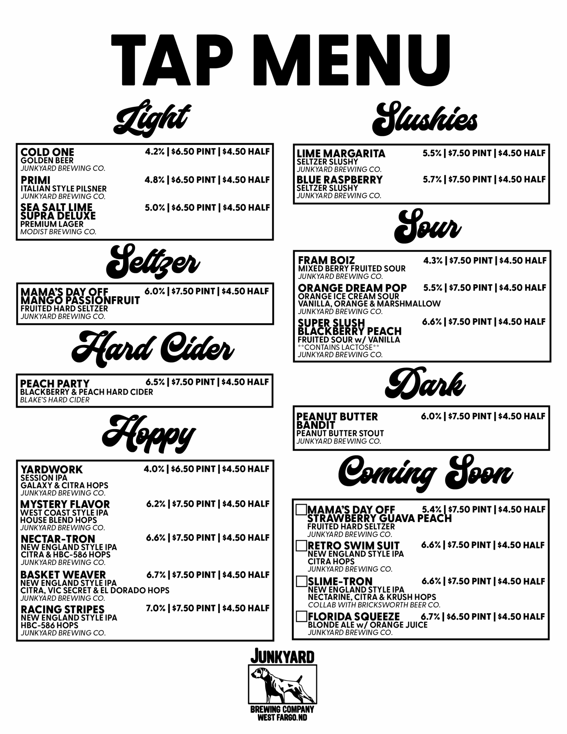 Drink Menu Junkyard West Fargo