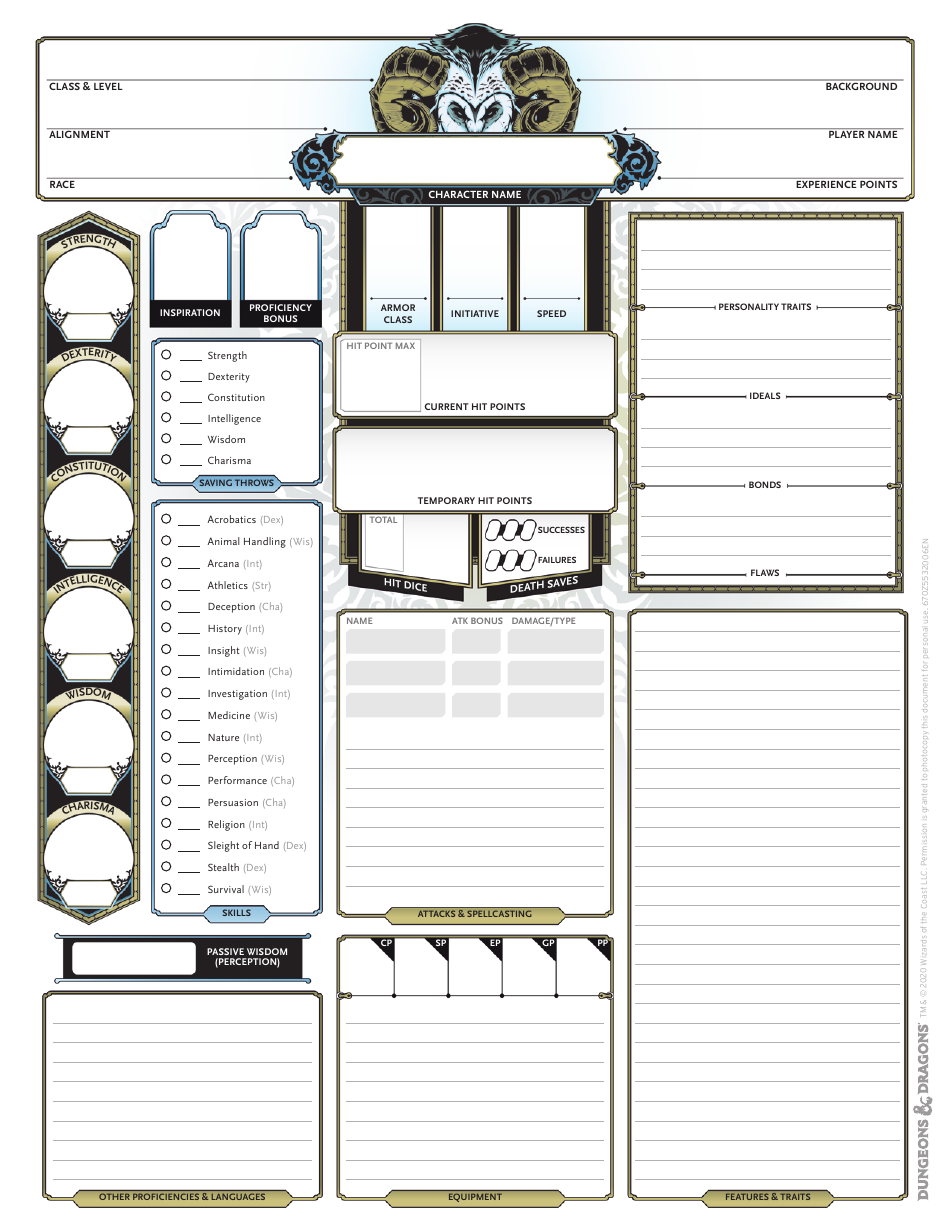 Du0026d Character Sheet Gold Blue Download Printable PDF Templateroller
