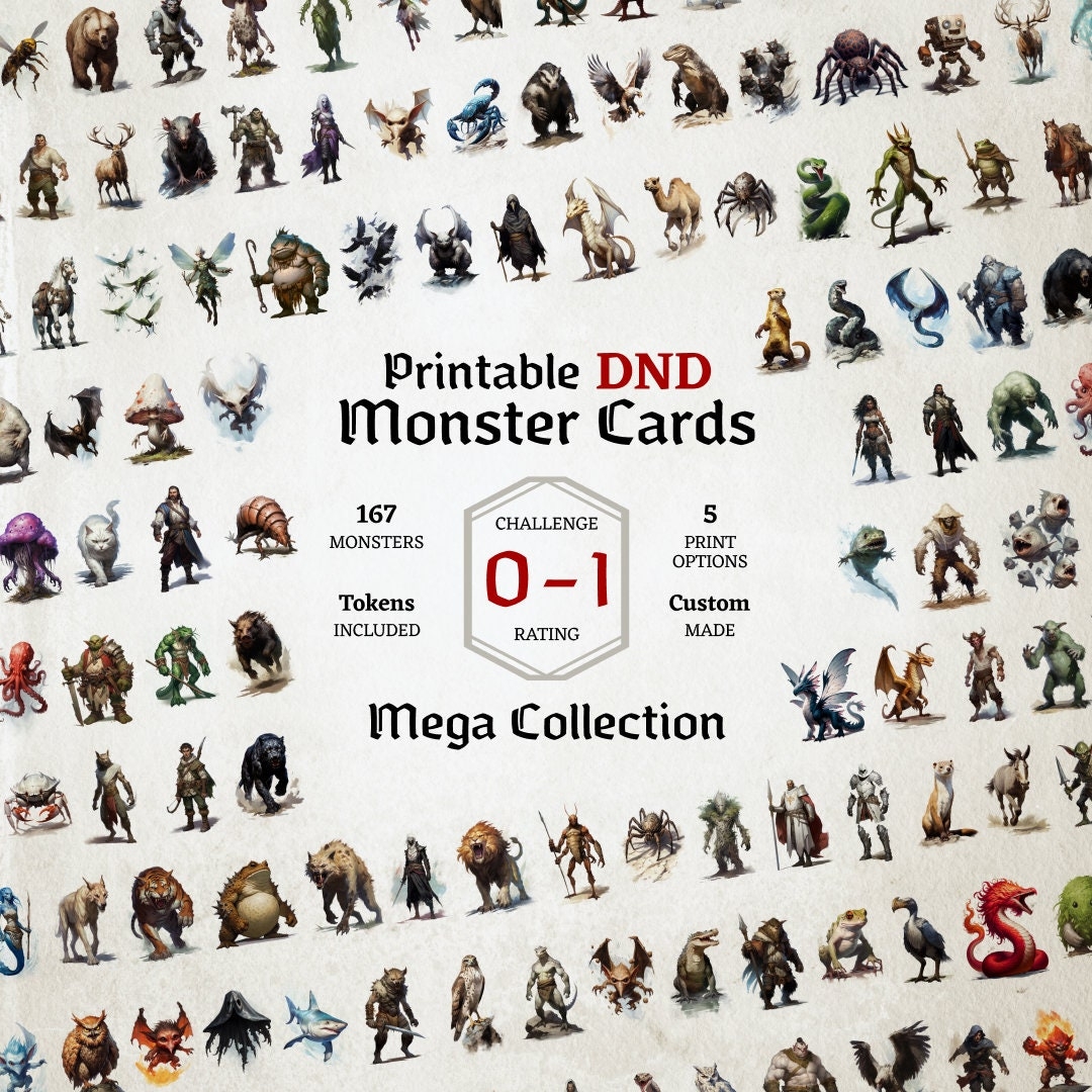Du0026D Monster Cards Challenge 0 To 1 Mega Collection Tokens Foldable Board Cards Easy Digital Download Monster Manual Stat Blocks Etsy