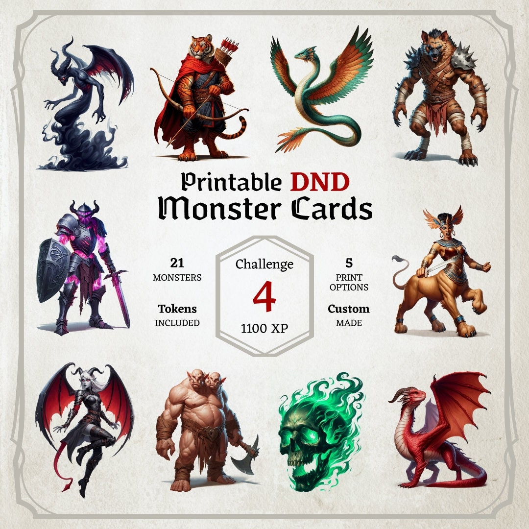 Du0026D Monster Cards Challenge 4 Tokens Foldable Board Cards Custom Made High quality Cards Easy Digital Download Monster Manual CR4 Etsy