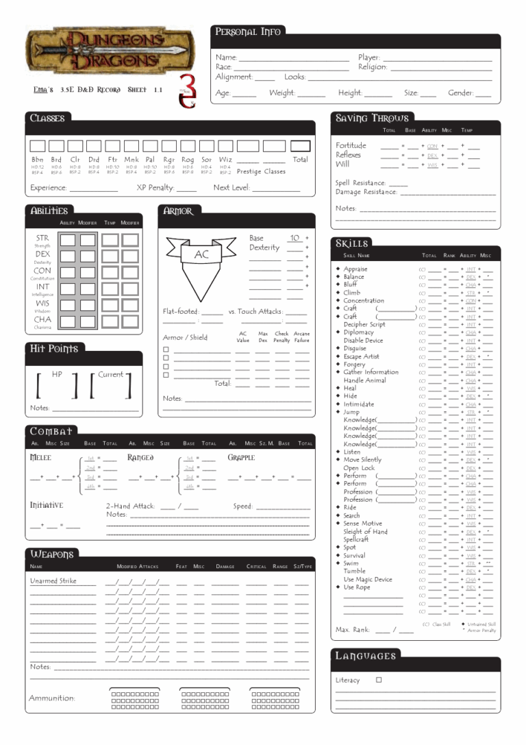 Dungeons U0026 Dragons 3 5e Character Sheet Download Printable PDF