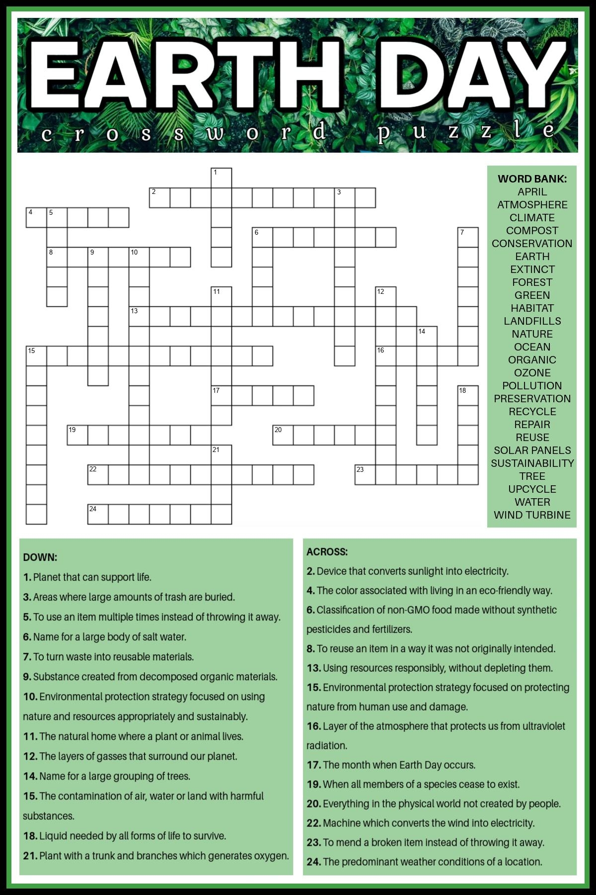 Earth Day Crossword Puzzle Free Earth Day Printable U0026 Answers