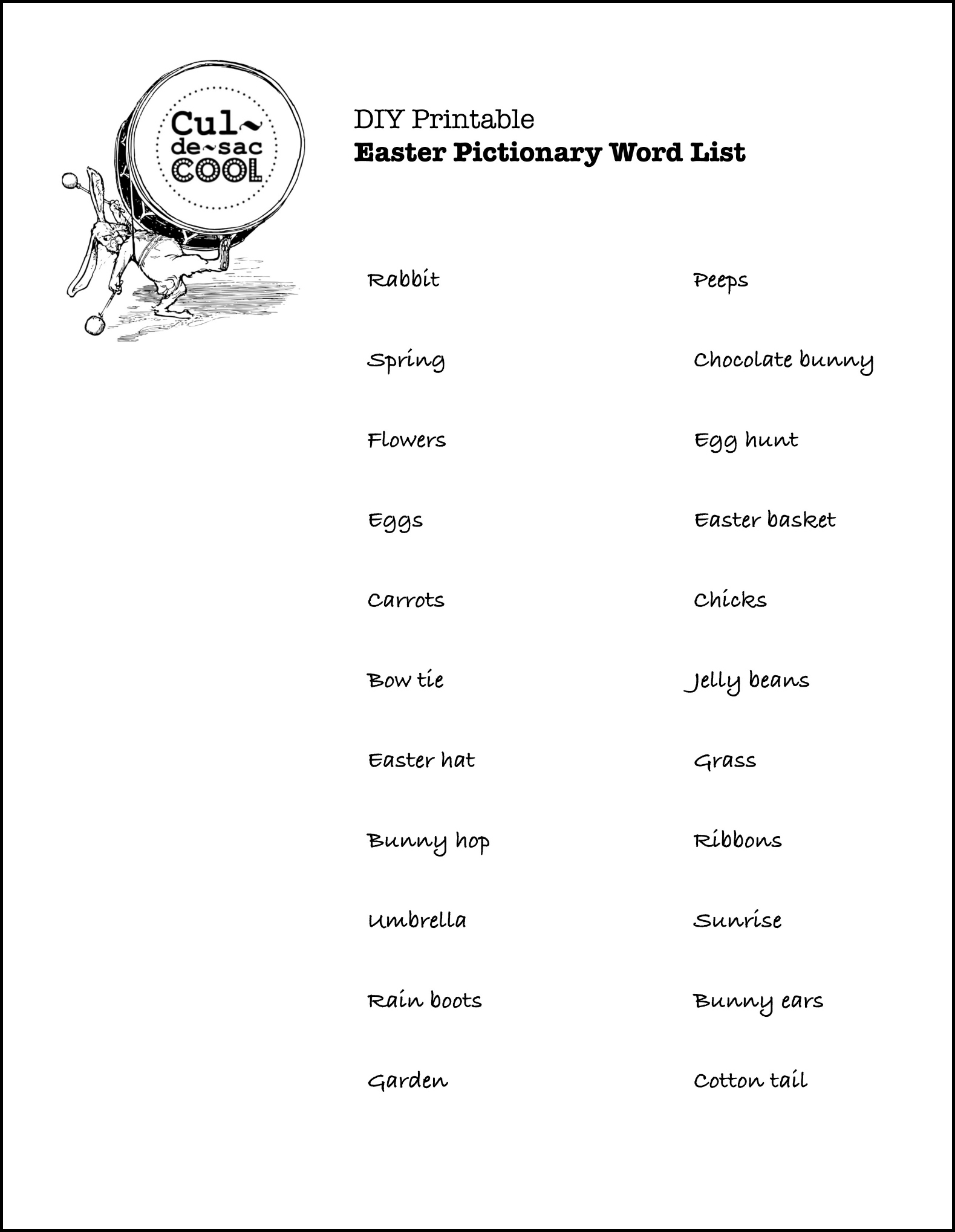 free printable pictionary word list