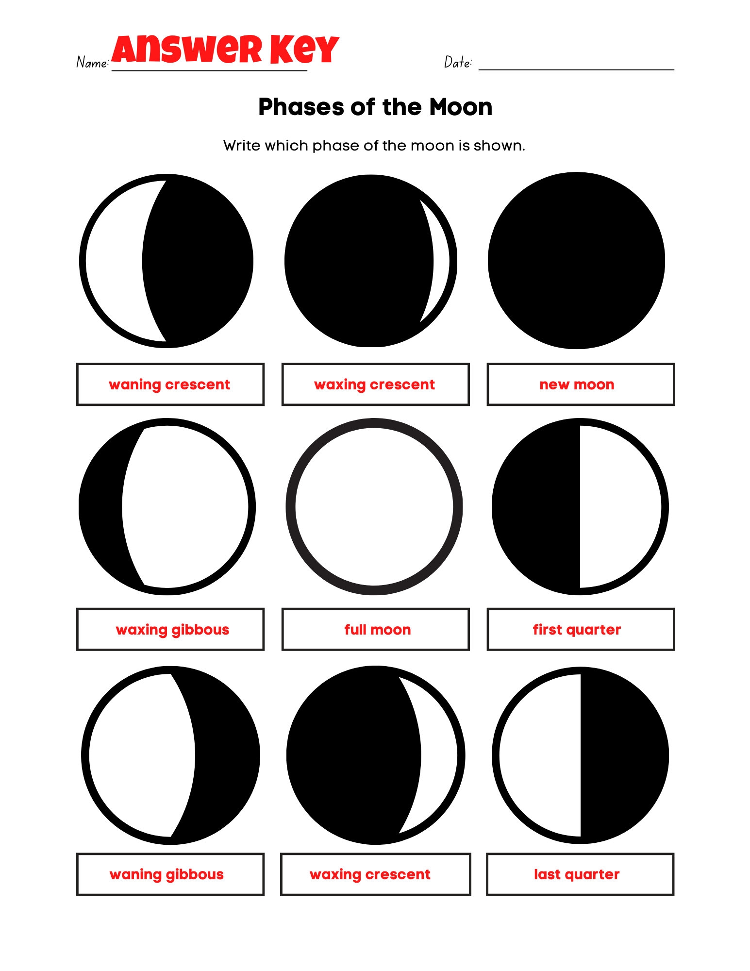 Easy Phases Of The Moon Worksheet Fun PDF Print Activity with Answer Key Etsy New Zealand