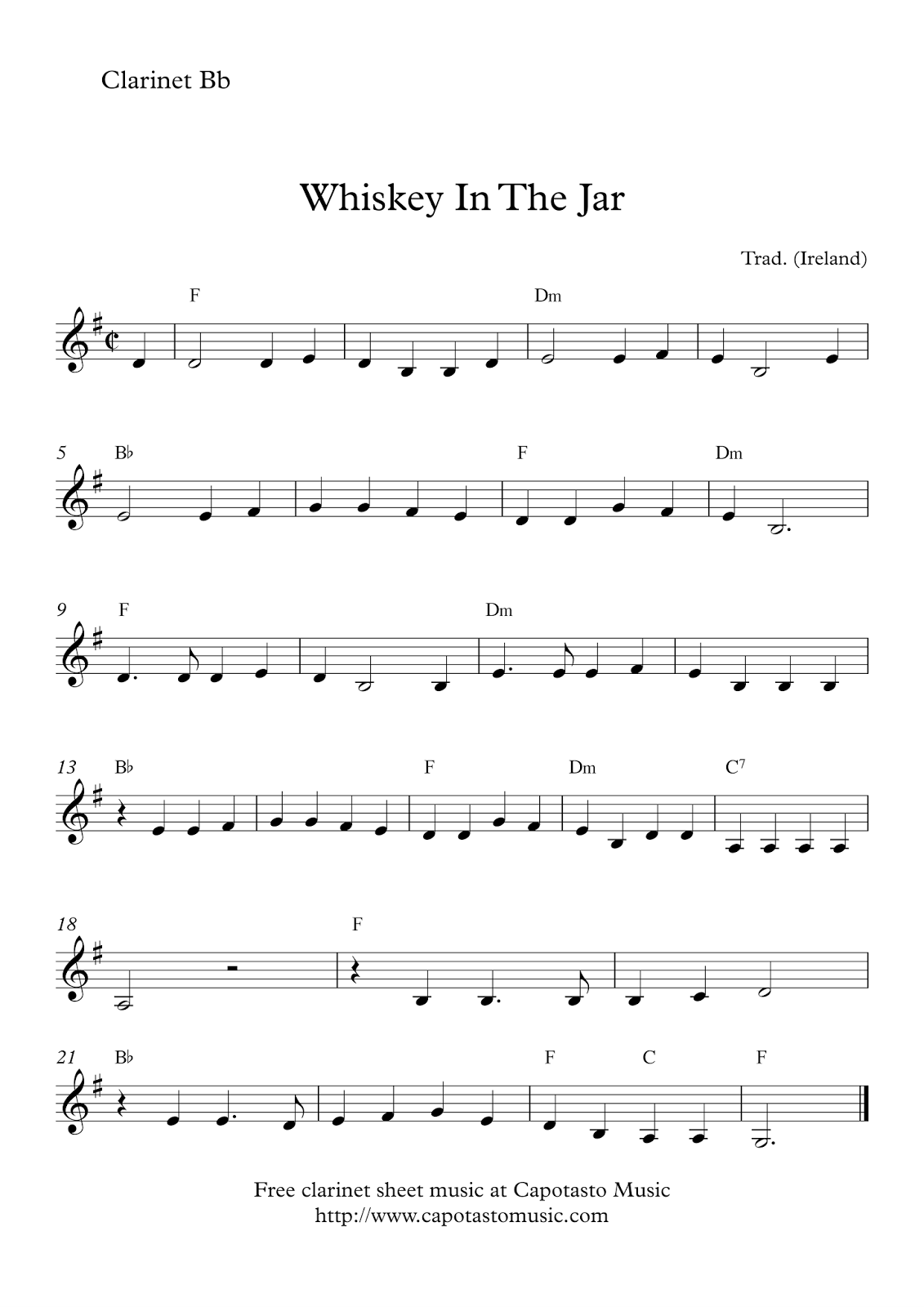 Easy Sheet Music For Beginners Free Easy Clarinet Sheet Music Whiskey In The Jar