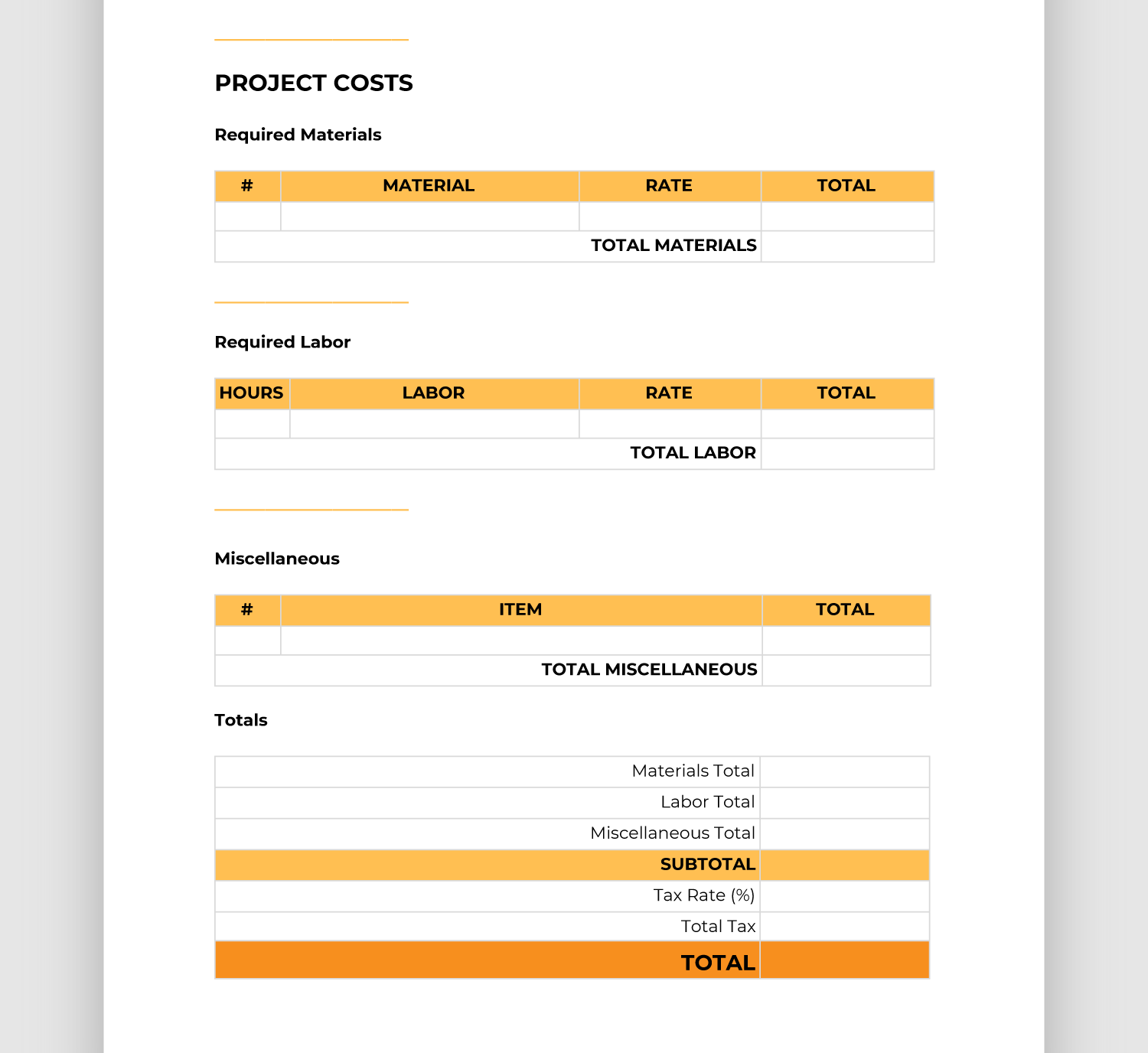 free printable contractor bid forms