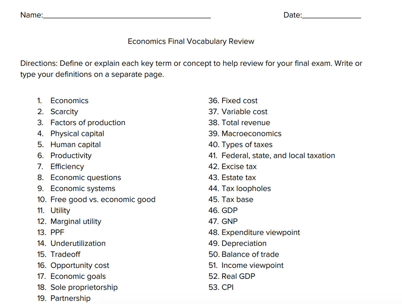 Economics Vocabulary Worksheets Library