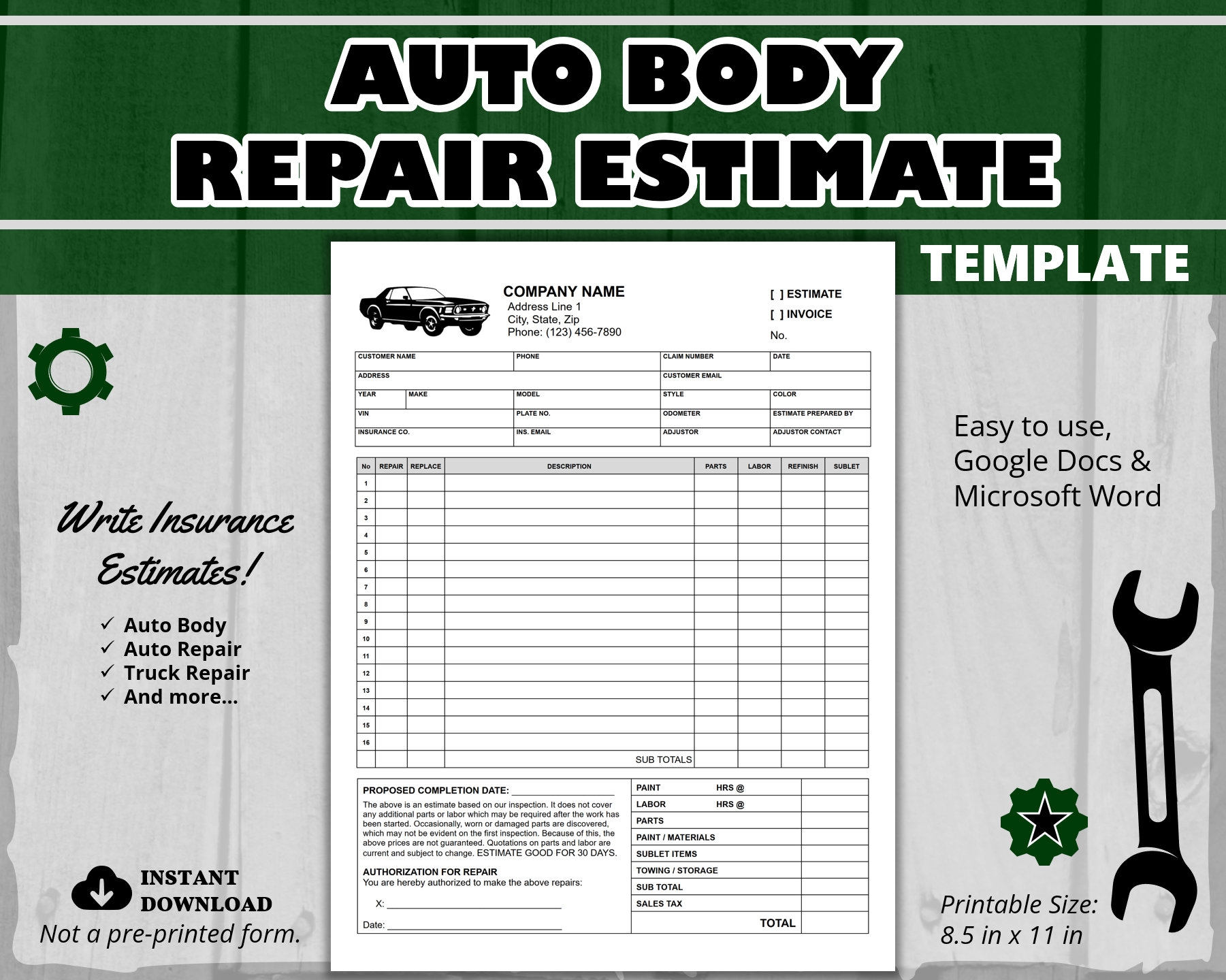 Editable Auto Body Repair Estimate Template printable PDF Word Google Docs Etsy