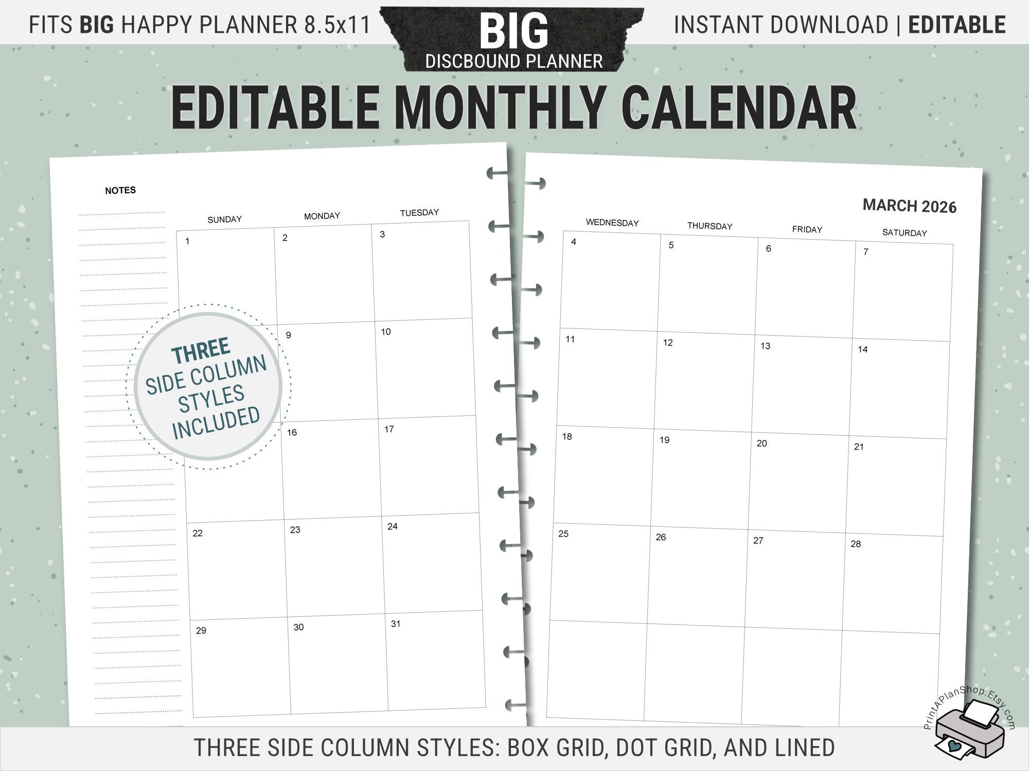Editable BIG Happy Planner Calendar Inserts Printable Monthly Planner Pages Undated Digital Download PDF Etsy
