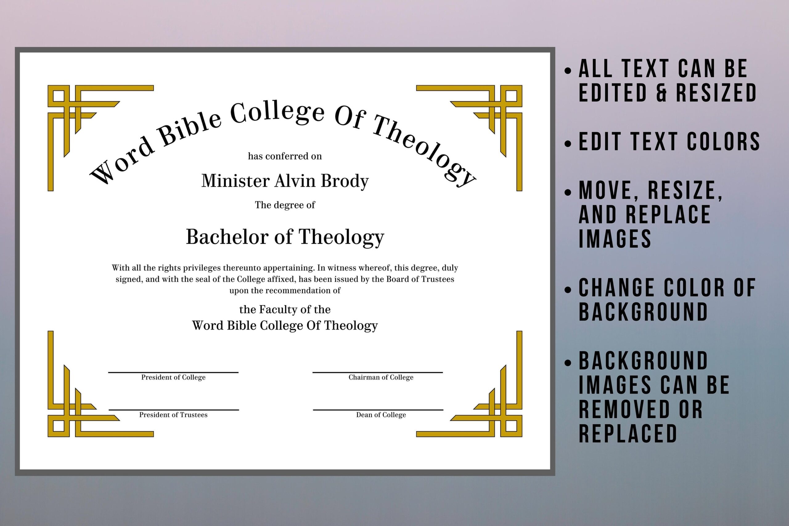Editable Certificate Of Theology Template Bachelor Master Doctor Of Theology Degree Course Completion Certificate Etsy