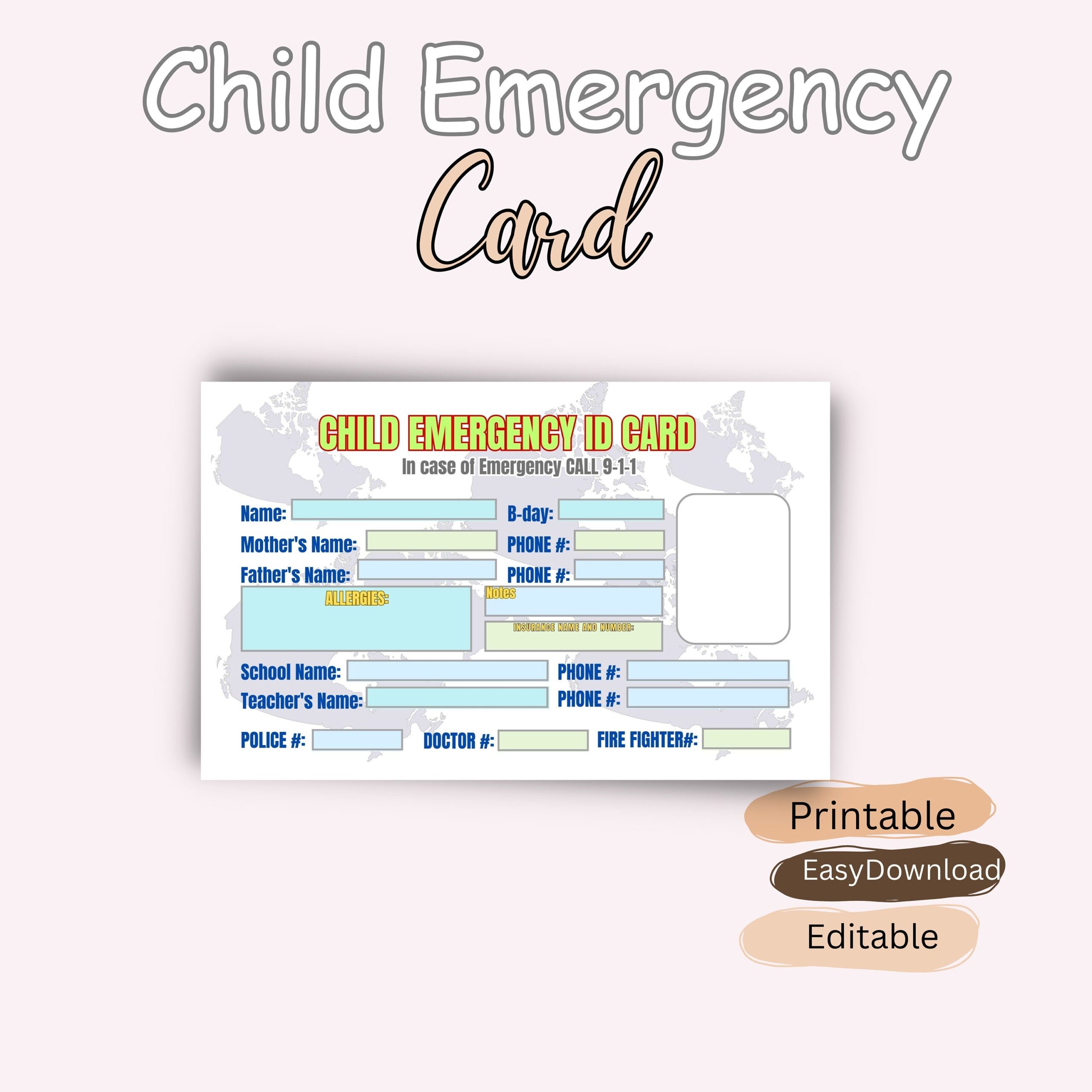 Editable Child Emergency Identification Card L Important Contact For 