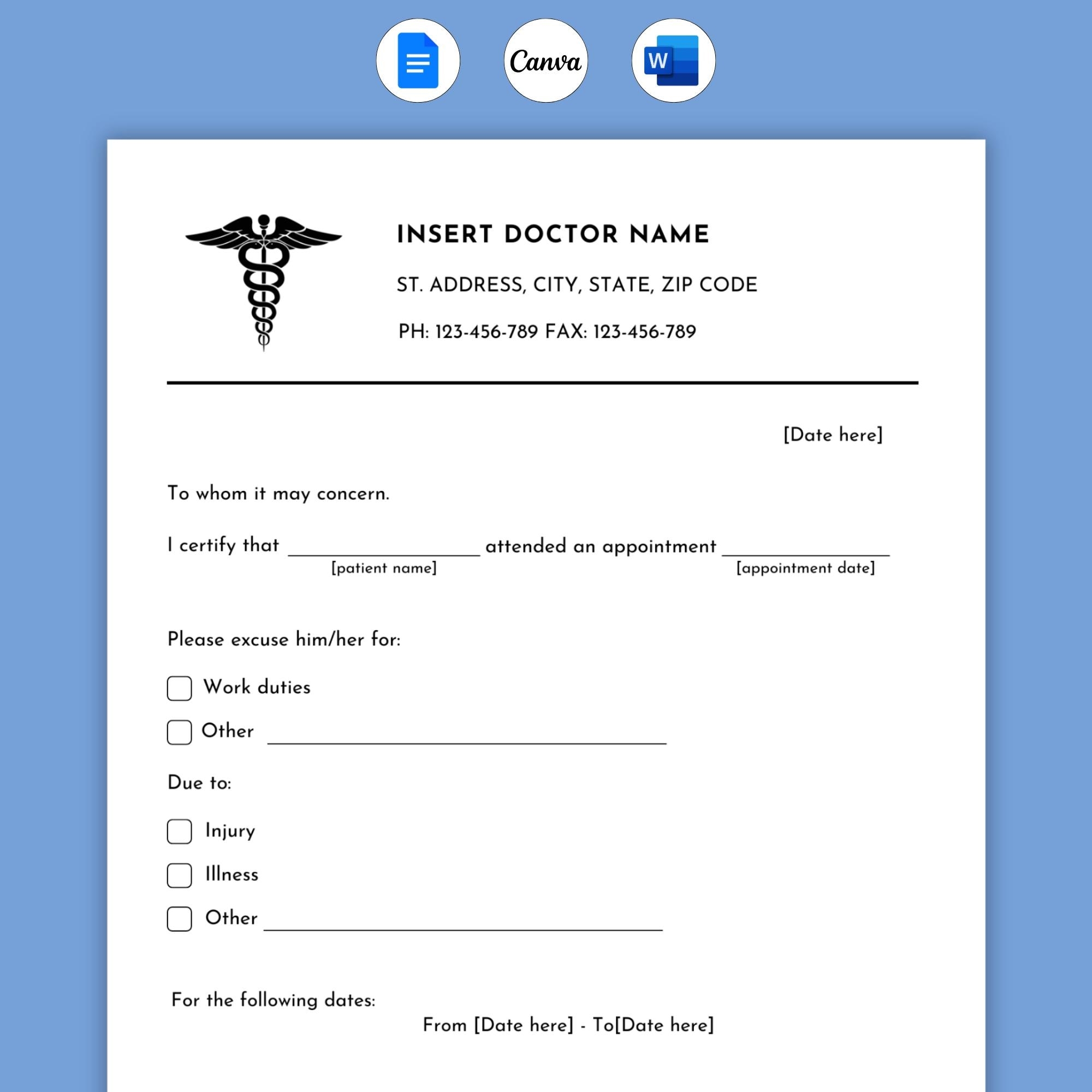 free printable doctors note for work pdf