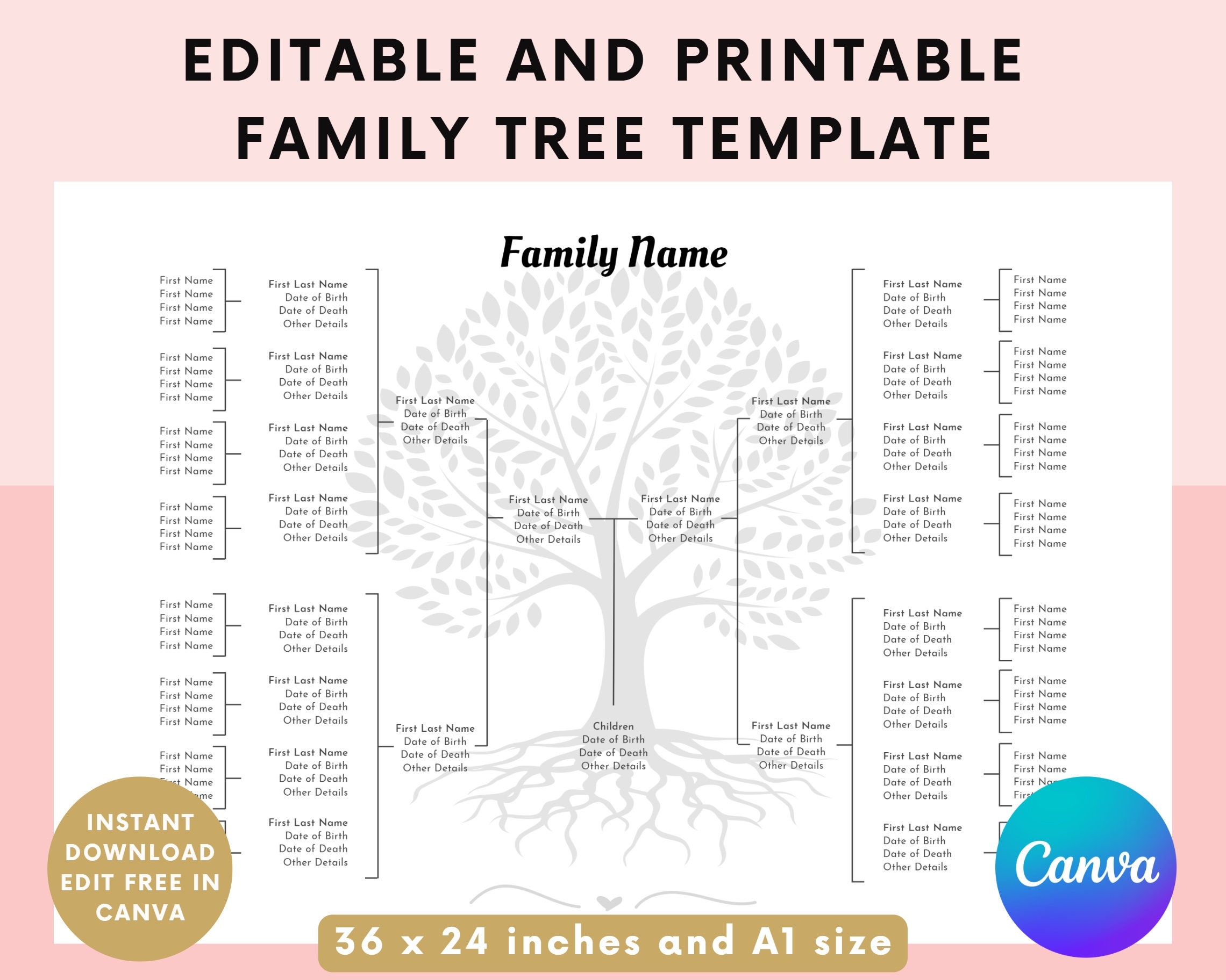 Editable Family Tree Chart Template 5 Generations canva Printable Etsy