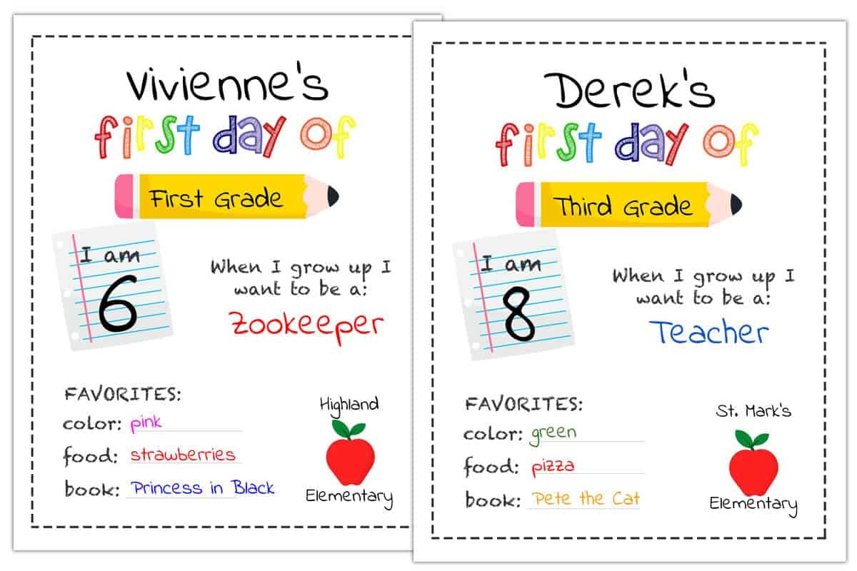 first day of 1st grade printable signs