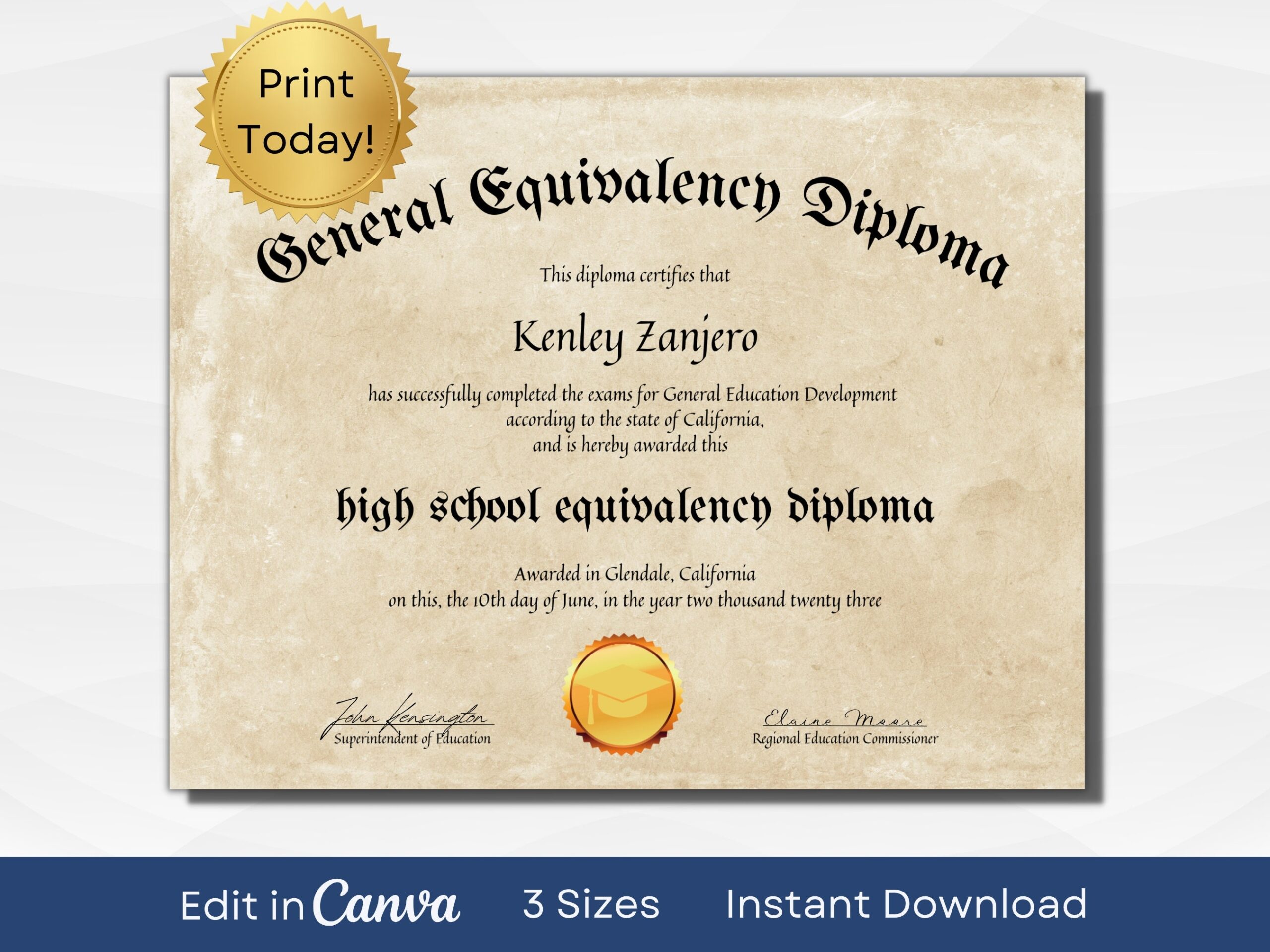 Editable GED Certificate Template Printable High School Diploma instant Download Etsy