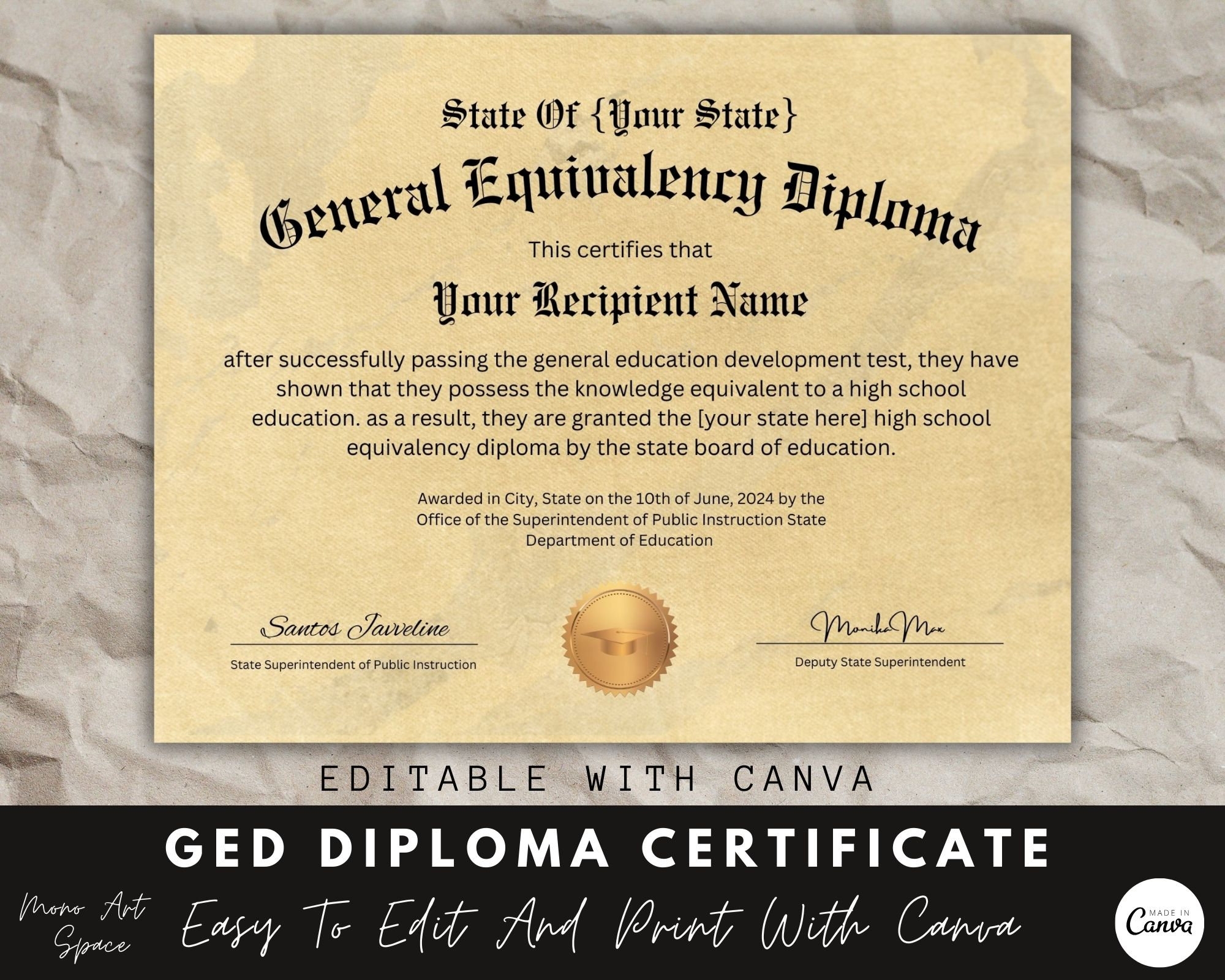 Editable GED Diploma Certificate Template Canva Download Etsy