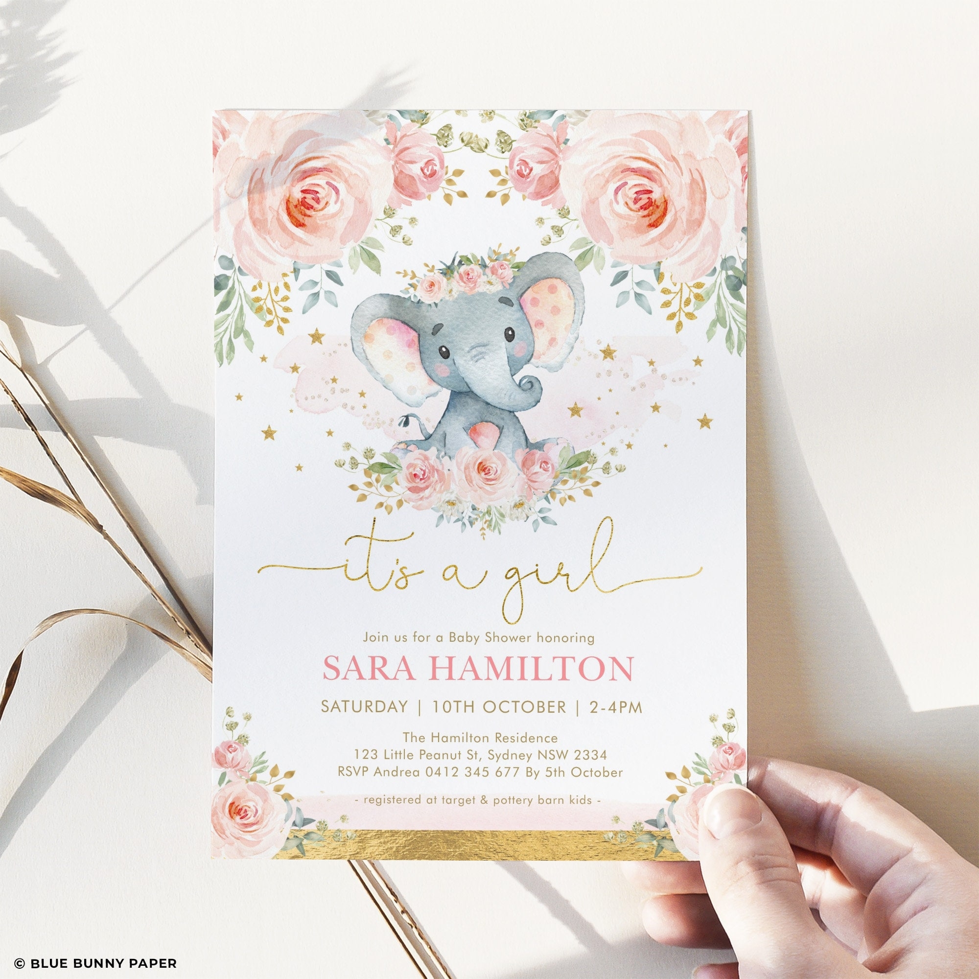 Editable Girl Elephant Baby Shower Invitation Blush Pink Floral 