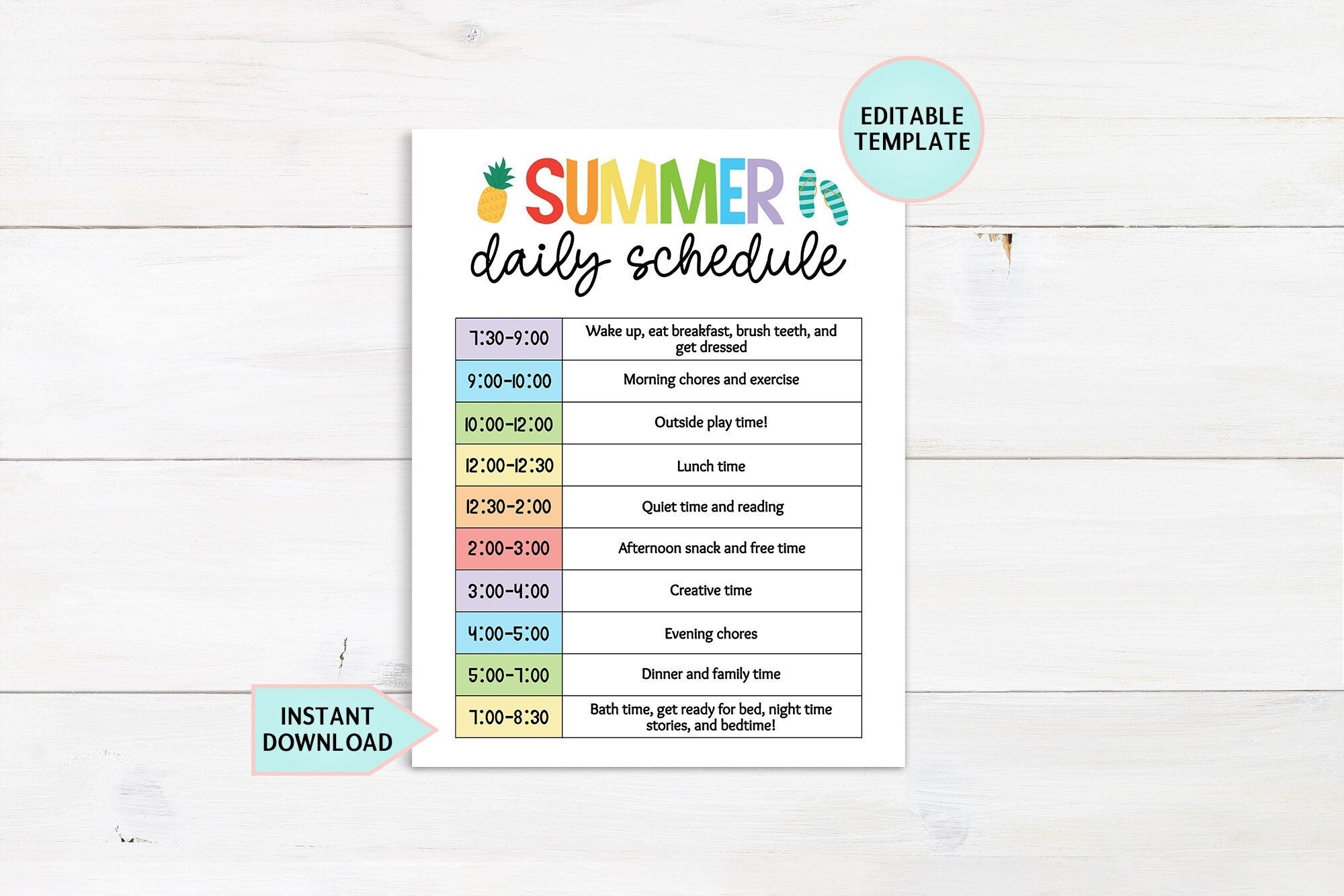 Editable Kids Summer Daily Schedule Chart digital Download Etsy