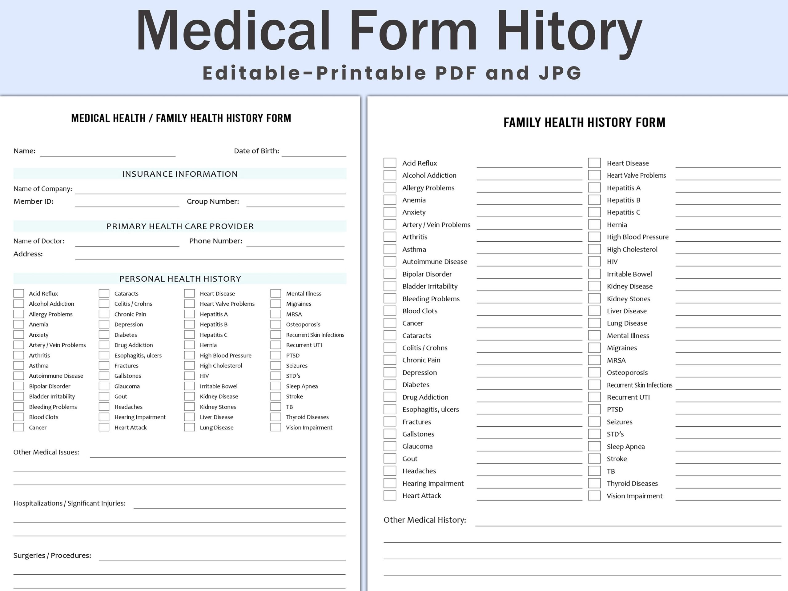 Editable Medical History Form Family Health Record PDF Etsy