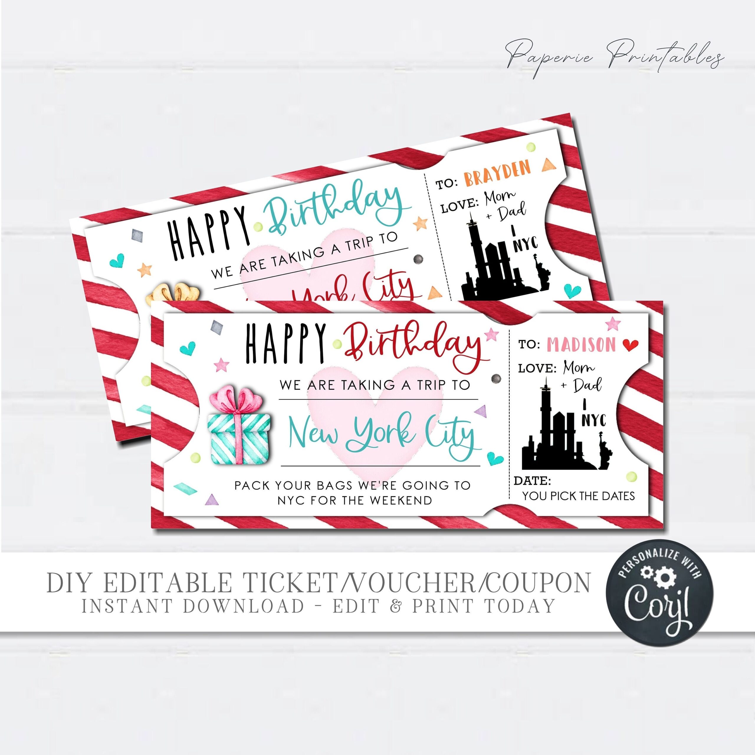 EDITABLE NYC Trip Gift Voucher Birthday Gift Coupon New York 