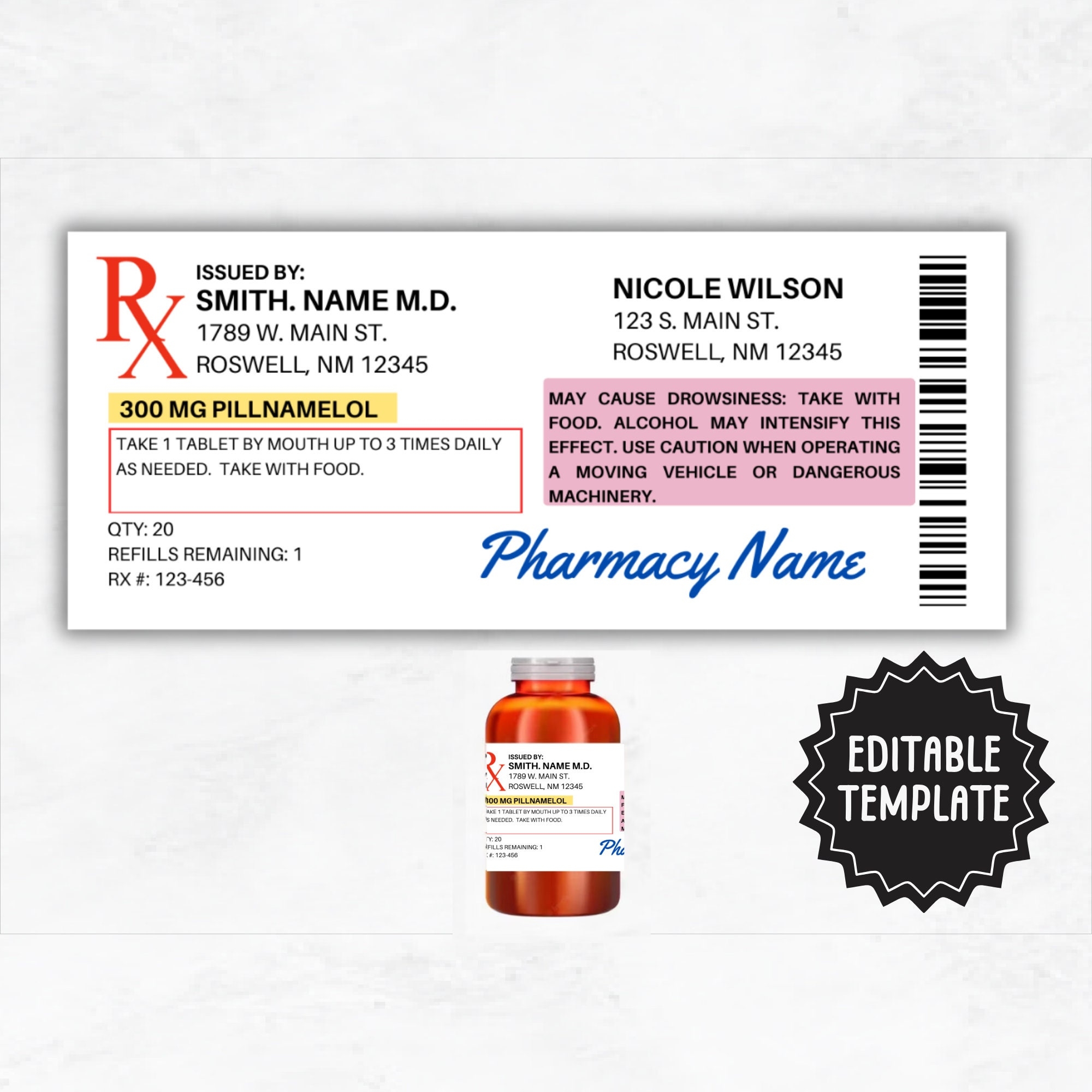 Editable Prescription Bottle Label Template Custom RX Pill Label 