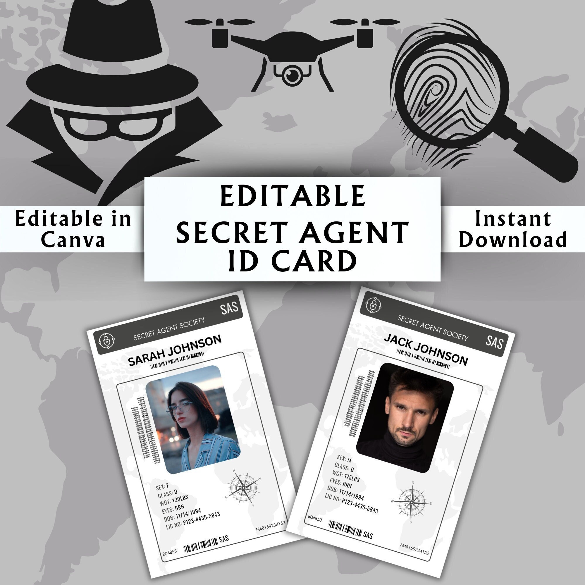 Editable Secret Agent ID Card Template Printable Identification Cards Printable Spy Name Badge Canva Template Instant Download Etsy