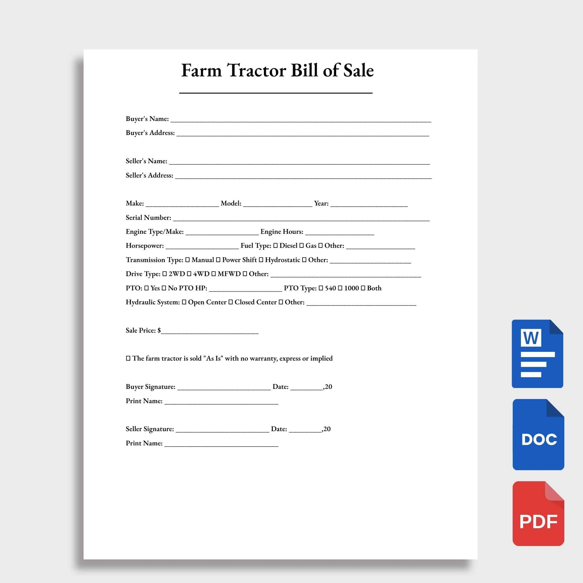 EDITABLE Simple Farm Tractor Bill Of Sale Template Google Docs Word Pdf
