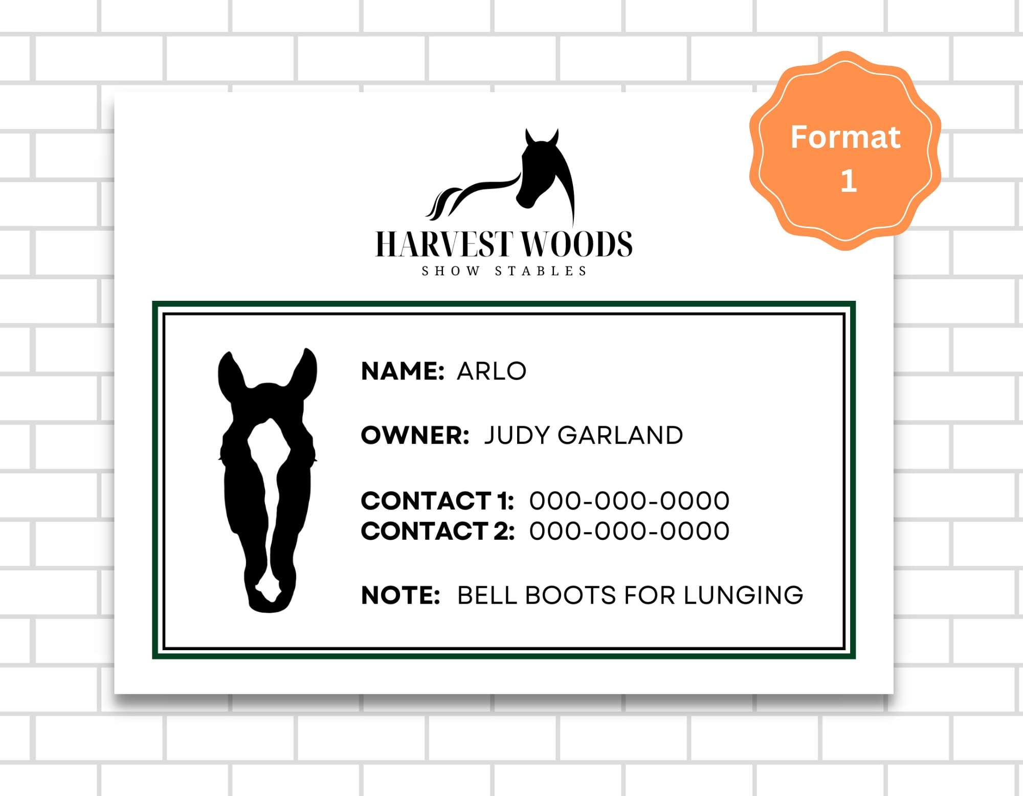 Editable Stall Card Template For Horse Shows With Logo And Photo 