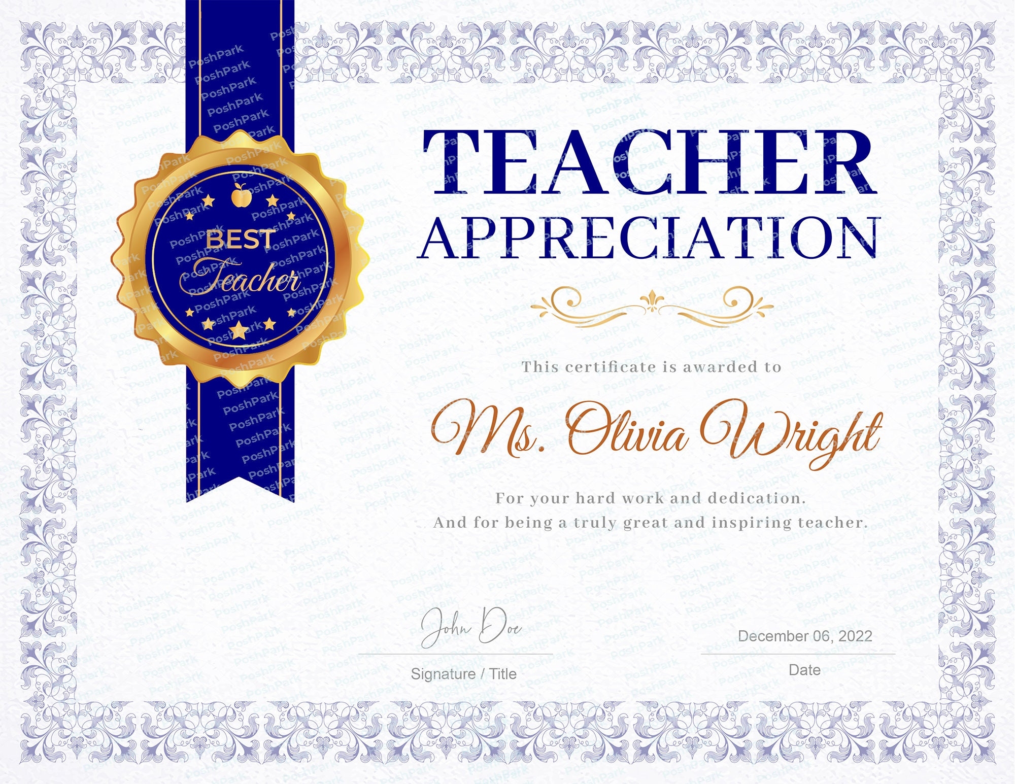 Editable Teacher Appreciation Award Certificate Template Set Of 10 Teacher Gift Best Teacher Teachers Week Etsy
