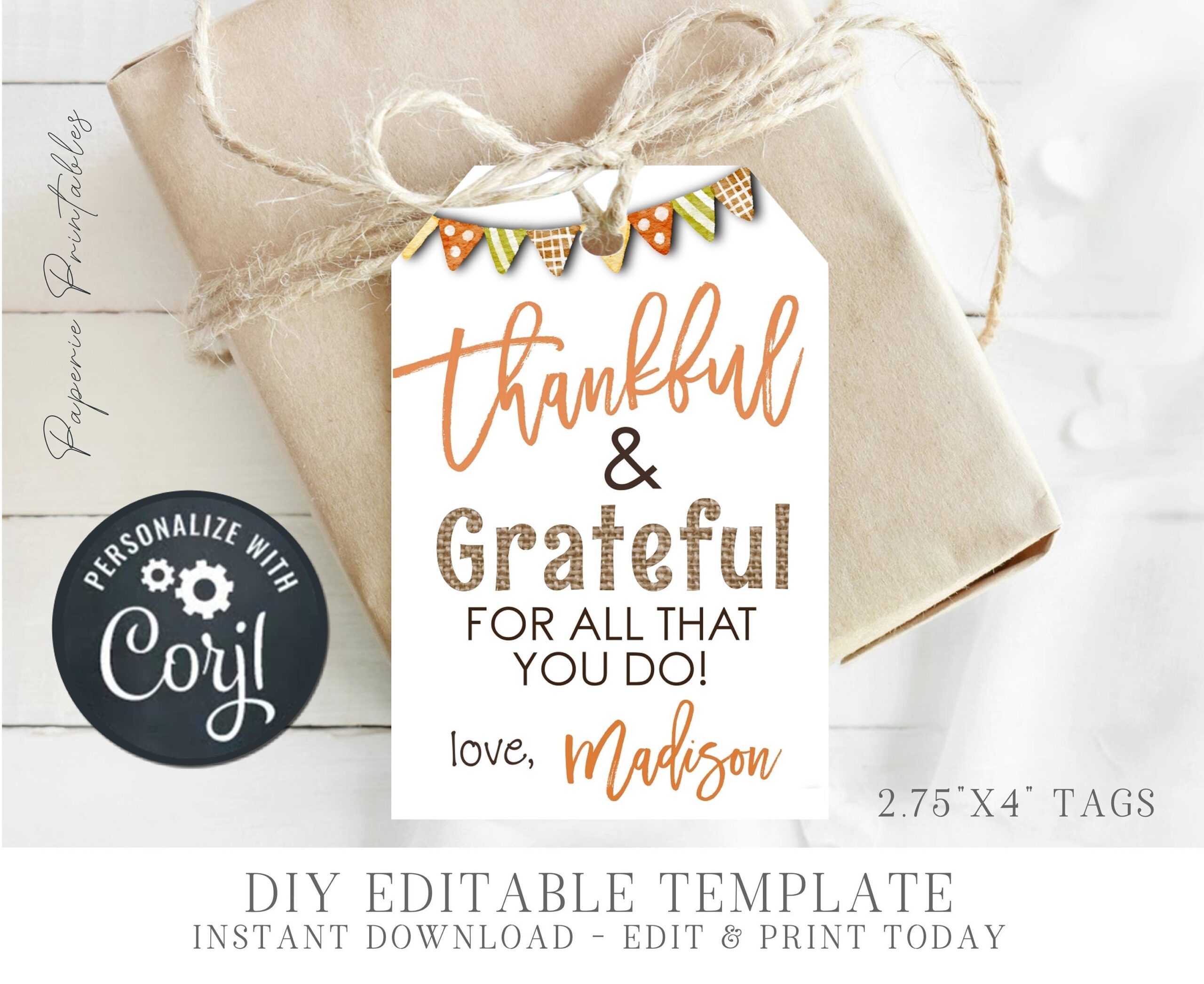 Editable Thankful For You Gift Tags Thanksgiving Appreciation 