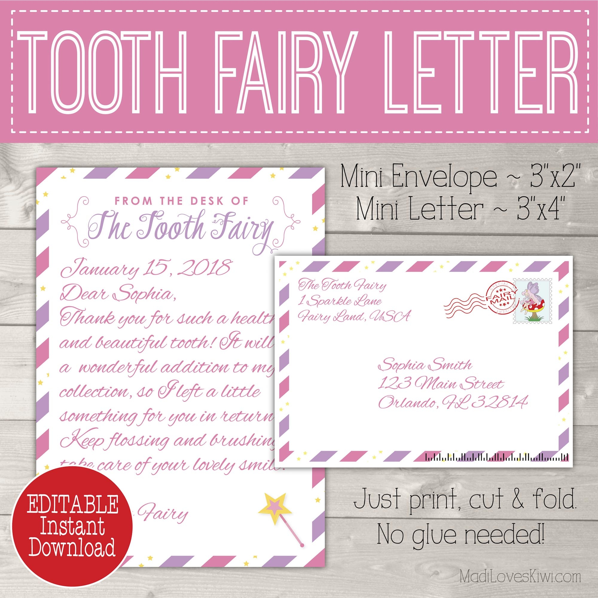 Editable Tooth Fairy Letter With Envelope Printable Pink U0026 Purple Stripes Madi Loves Kiwi Digital Downloads