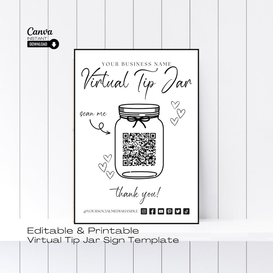 Editable Virtual Tip Jar Sign Template Tip Jar QR Code Sign Printable Tip Jar Sign Bartender Tip Jar Sign Small Business Sign Tip Jar Etsy