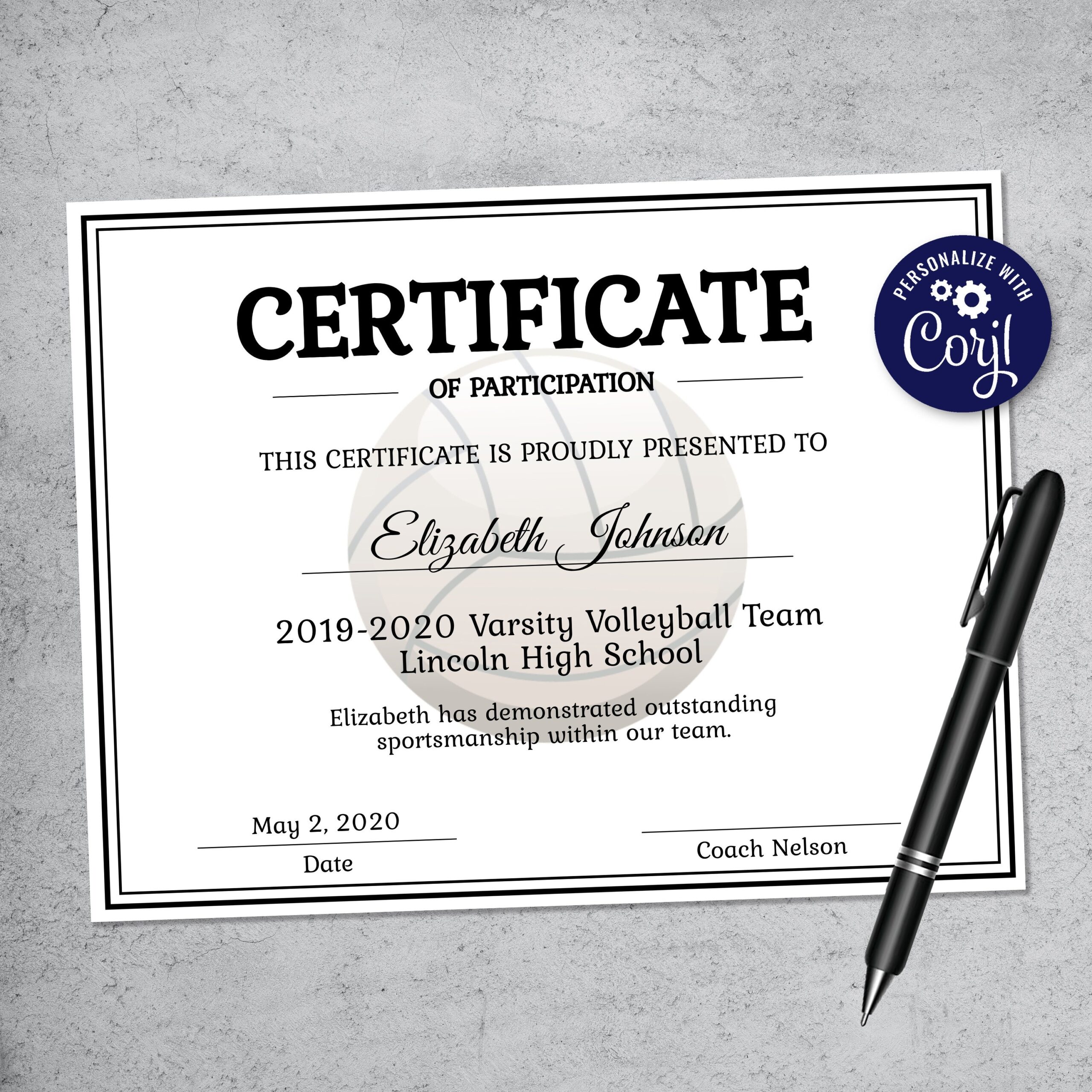 Editable Volleyball Certificate Template Printable Certificate 