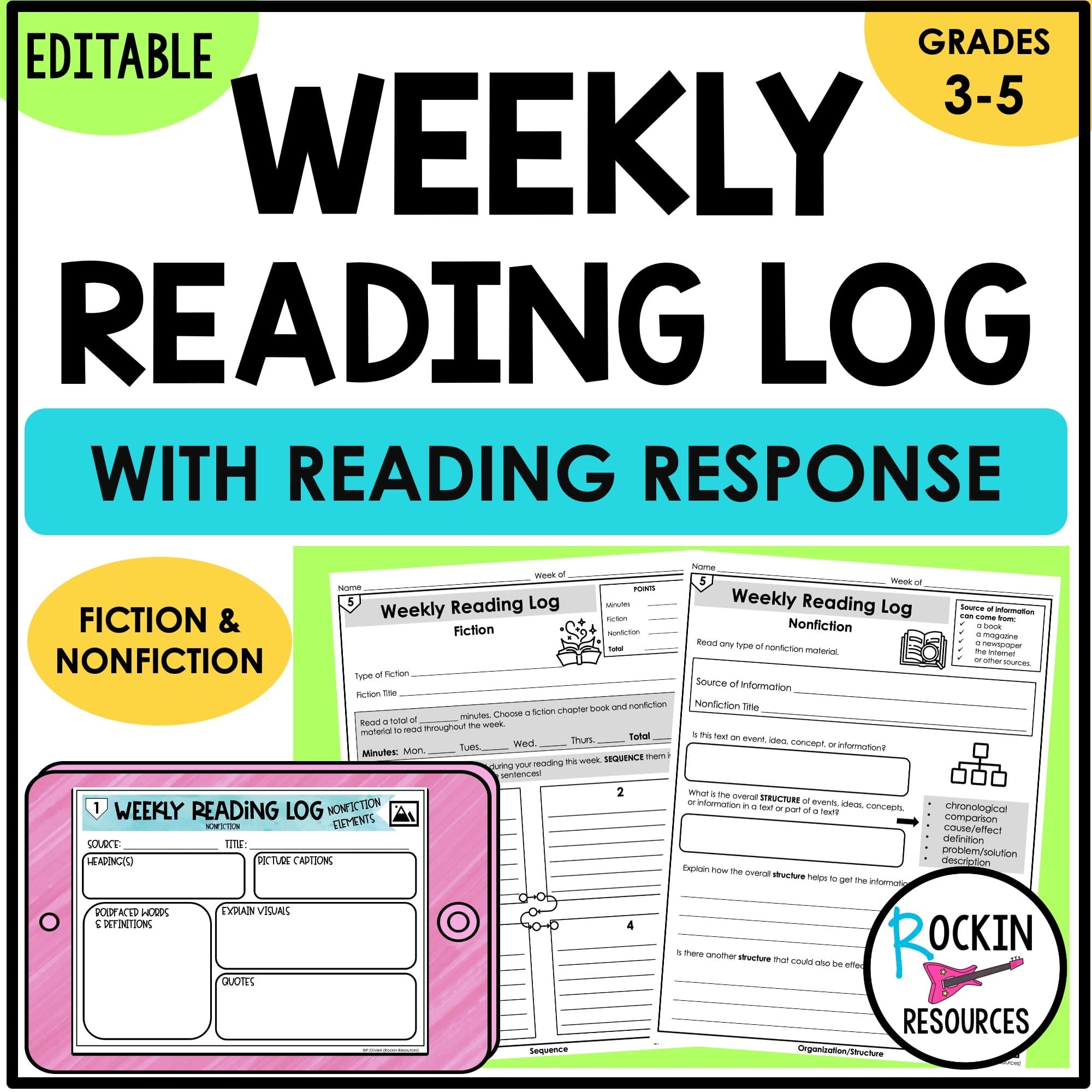 Editable Weekly Reading Log Fiction And Non Fiction Rockin Resources