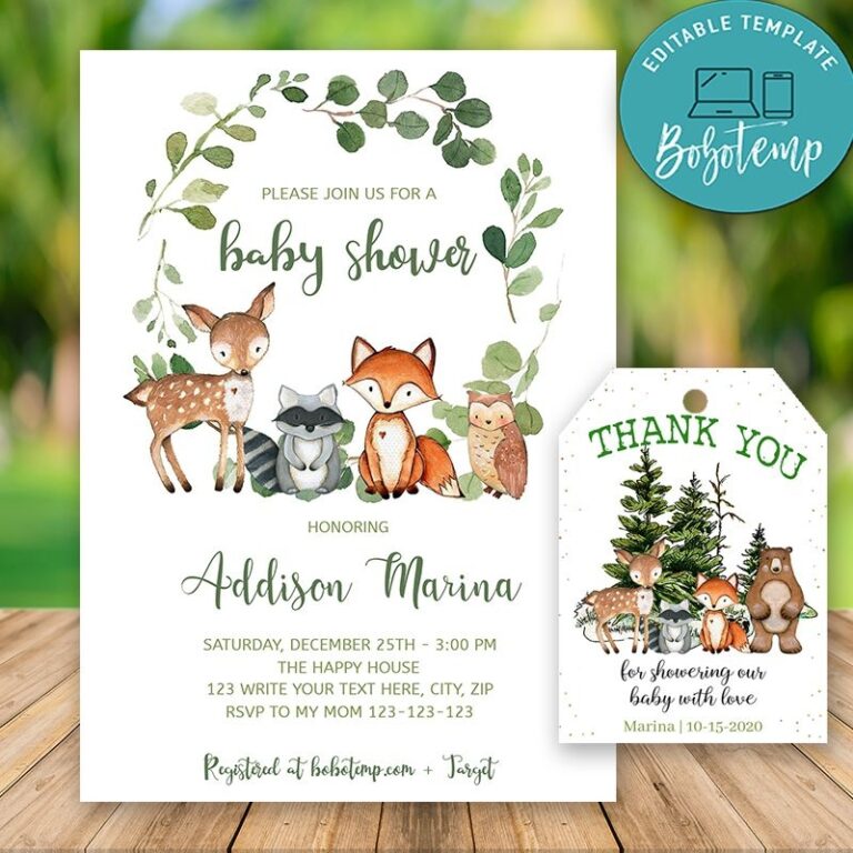 Editable Woodland Baby Shower Invitations And Free Thank You Tag