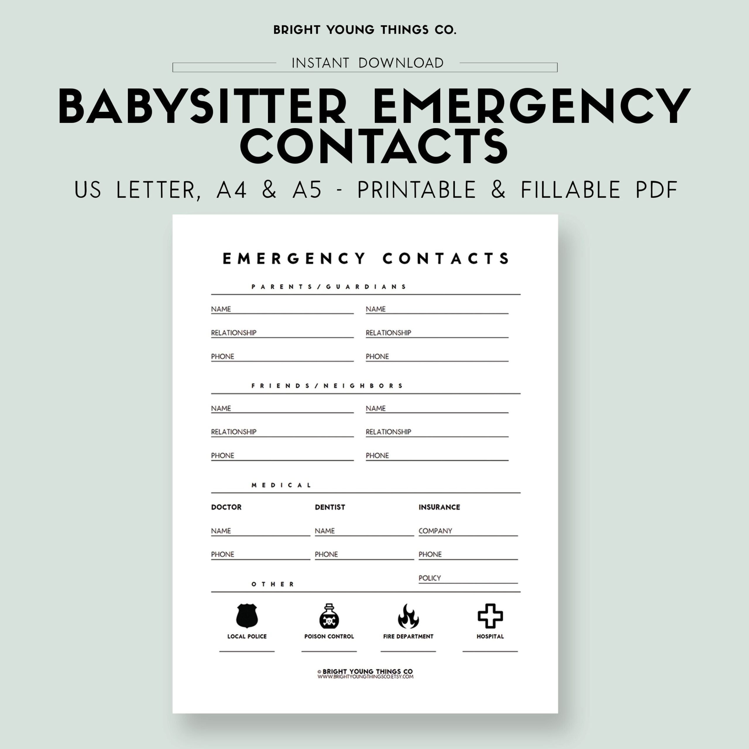Emergency Contact Info Printable Emergency Contact List Emergency Contact Form Babysitter Guide Printable Emergency Contact Info Etsy Ireland