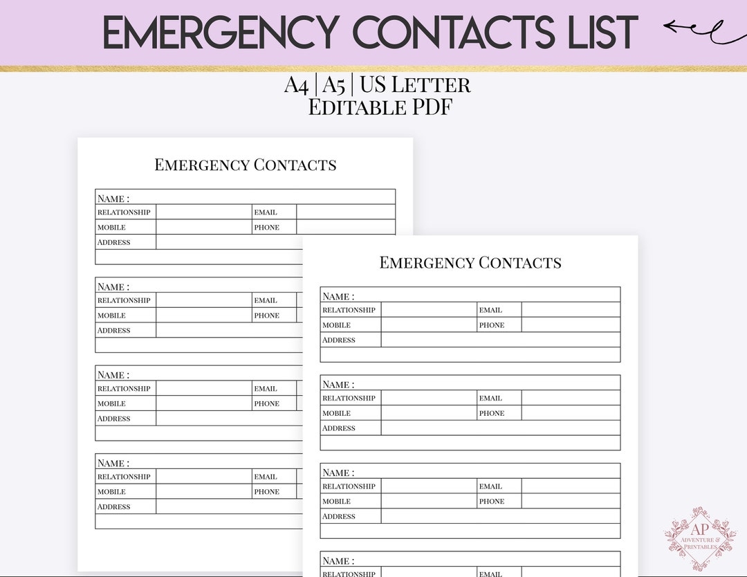 Emergency Contacts List Editable Emergency Information List Etsy