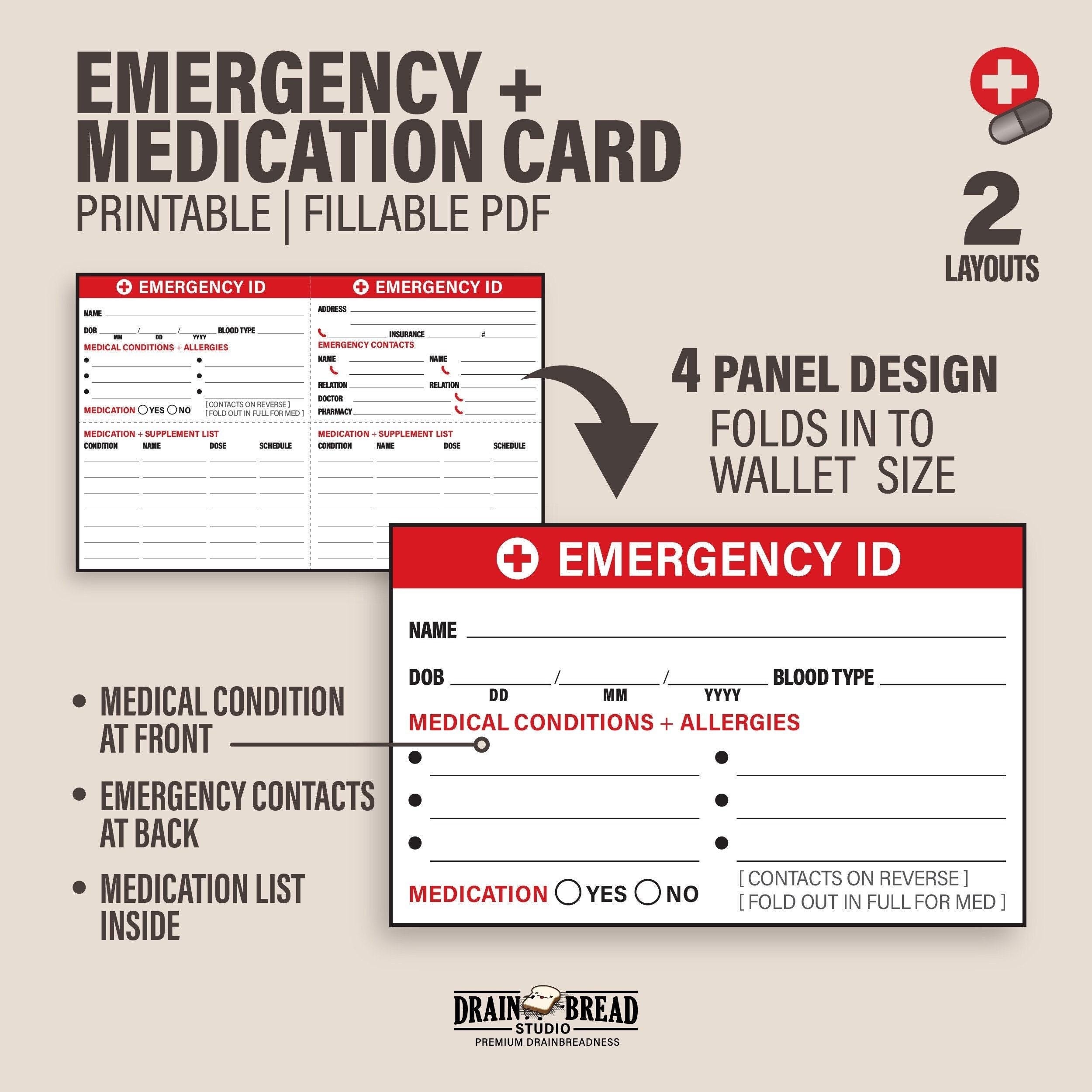 Emergency ID Wallet Card Customisable Medical Info Personal 