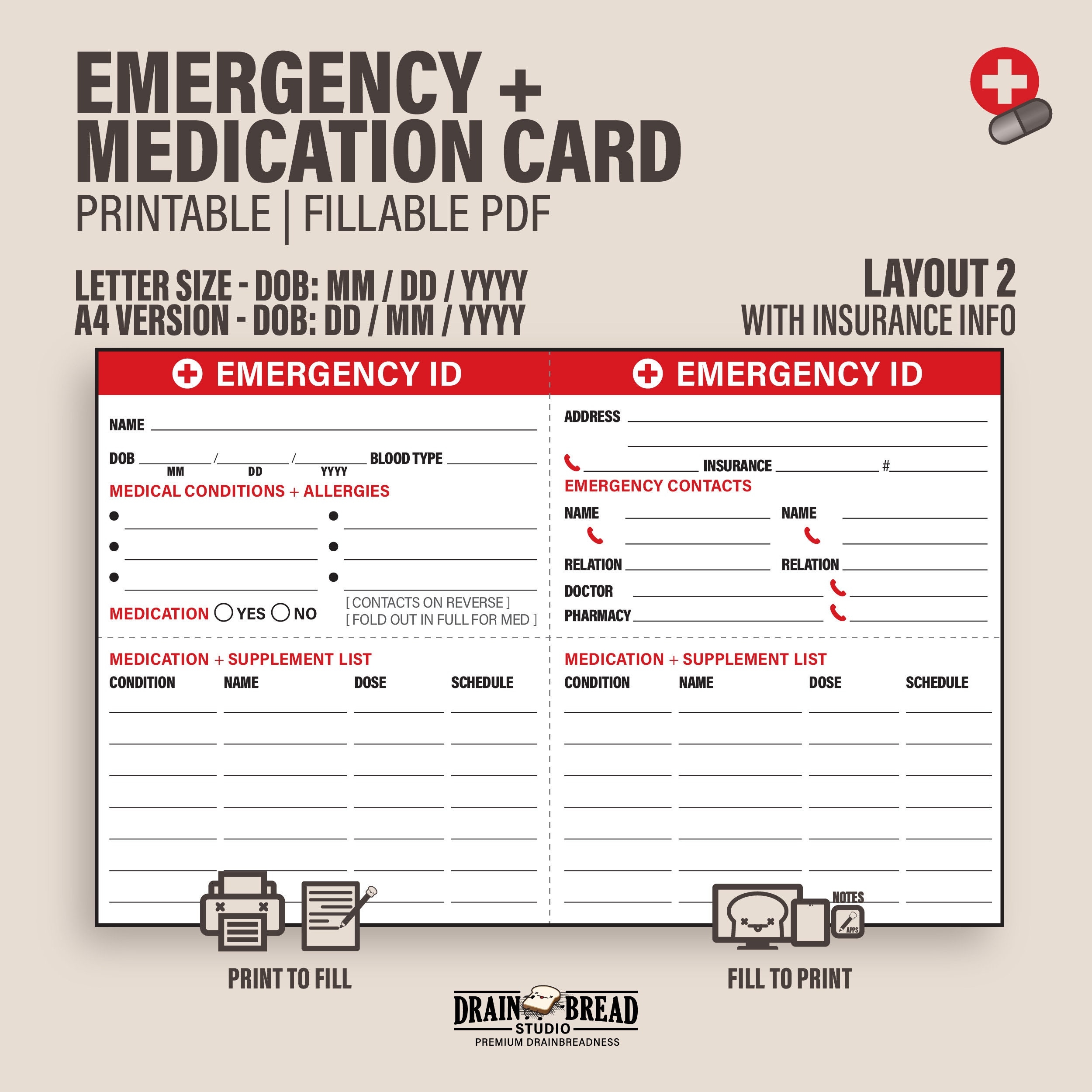 Emergency ID Wallet Card Customisable Medical Info Personal 