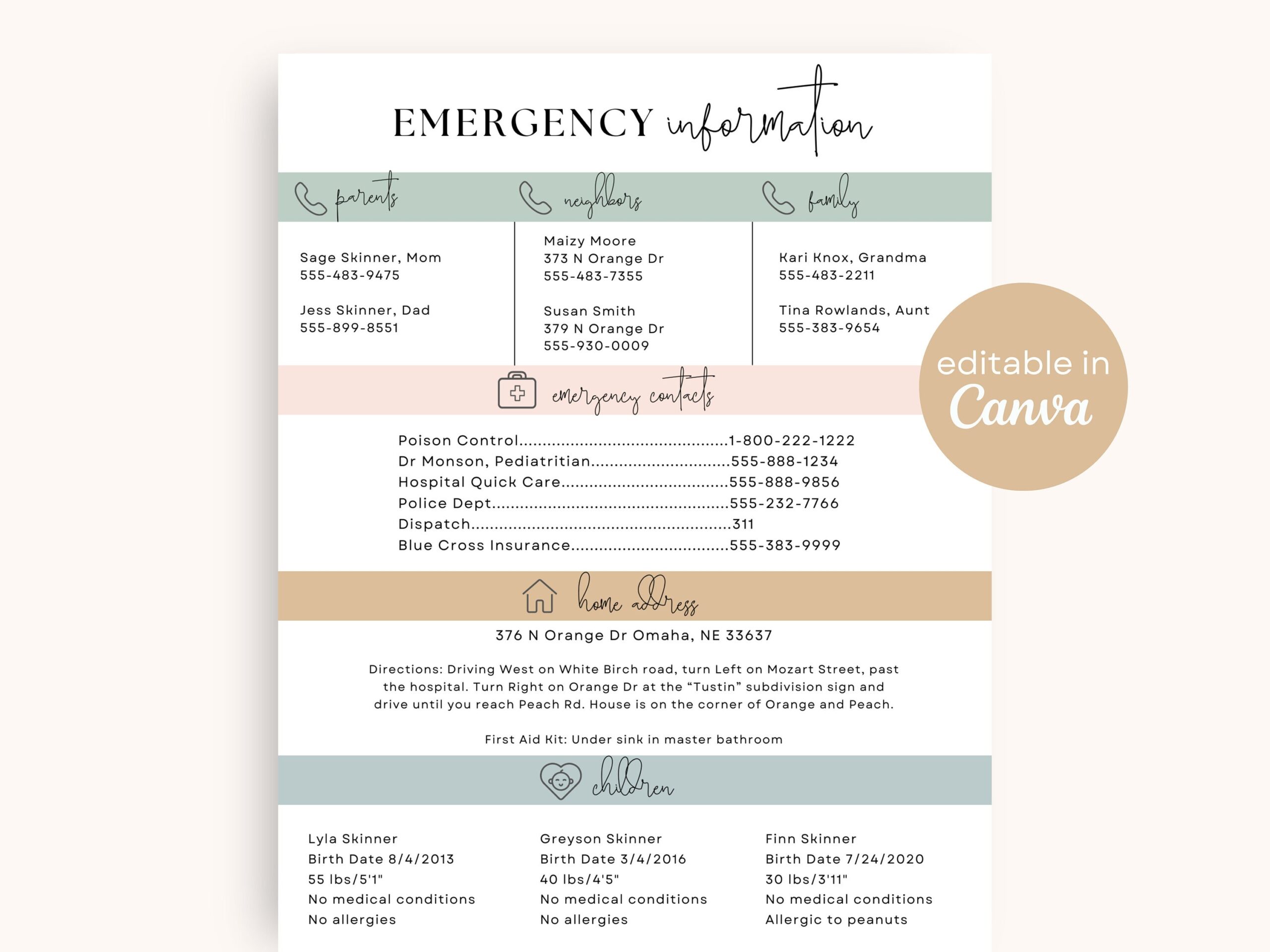 Emergency Information Sheet Editable Emergency Contact Info Template On Canva Babysitting Printable Babysitter Notes Nanny Fridge Etsy