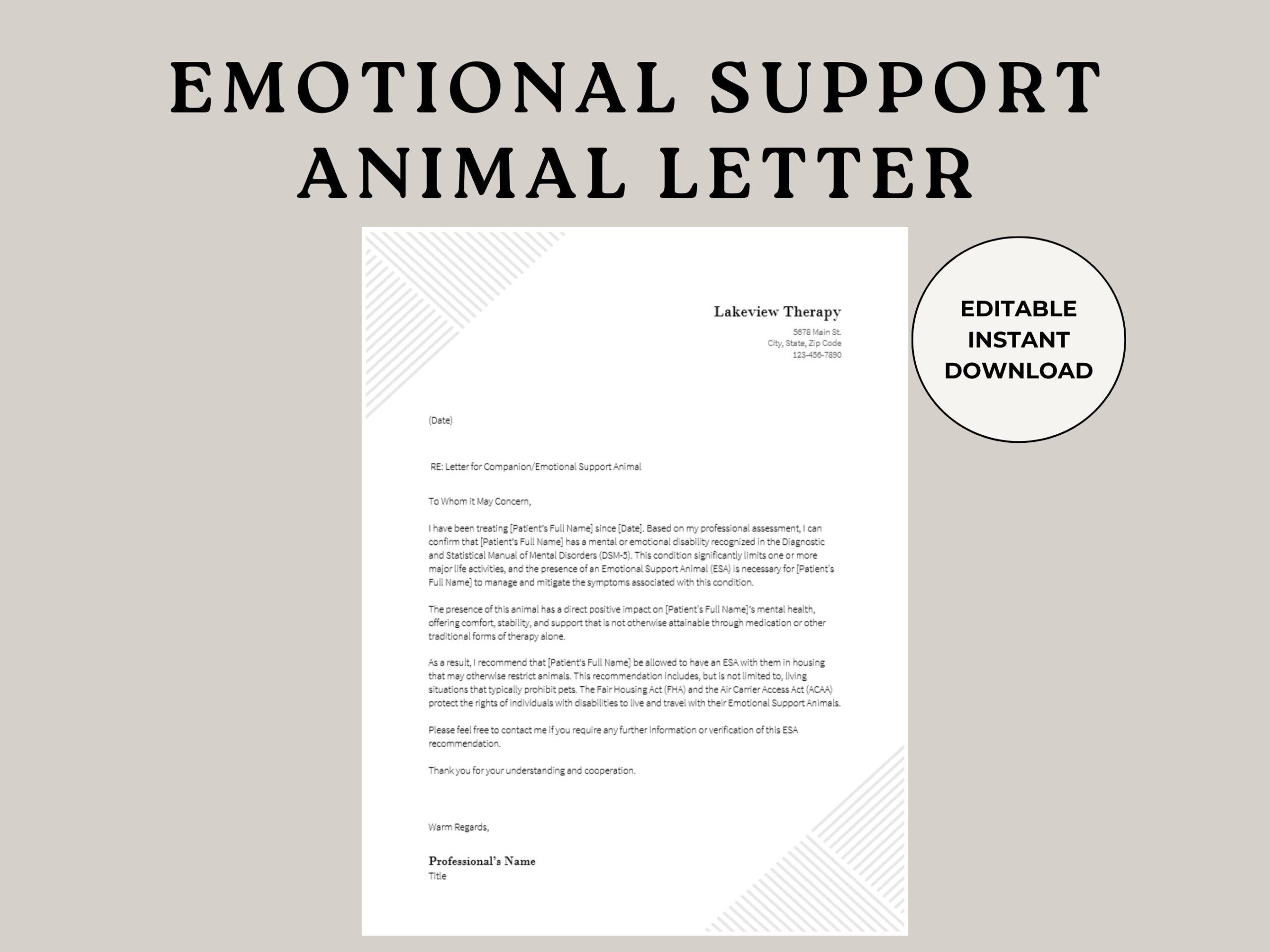 Emotional Support Animal Letter ESA Letter ESA Letter Template 
