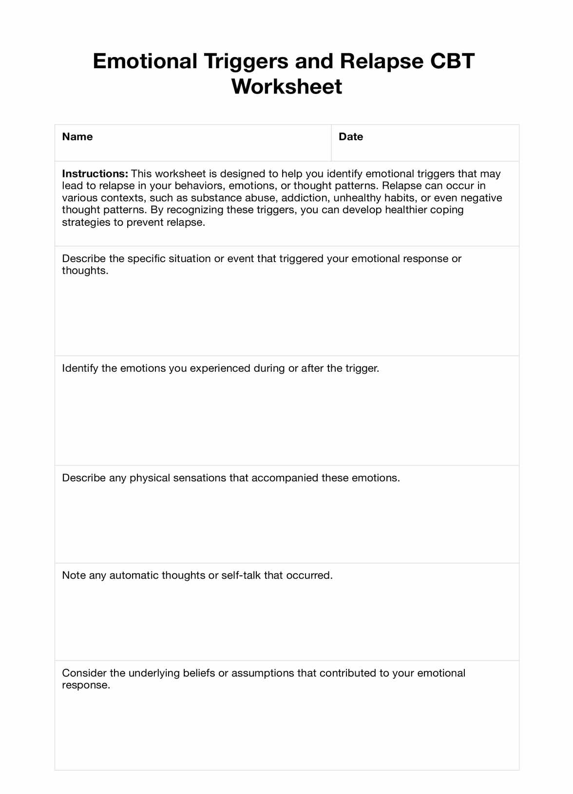 printable worksheets on relapse prevention