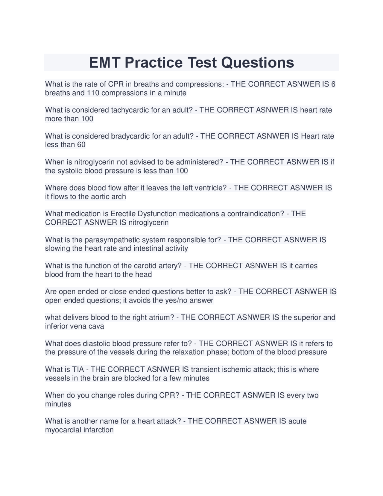 EMT Practice Test Questions And Answers Latest 2025 2026 Exams Nursing Docsity