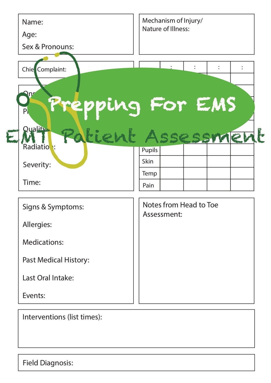 EMT Student Patient Interview assessment EMS Practice Chart digital Download Etsy