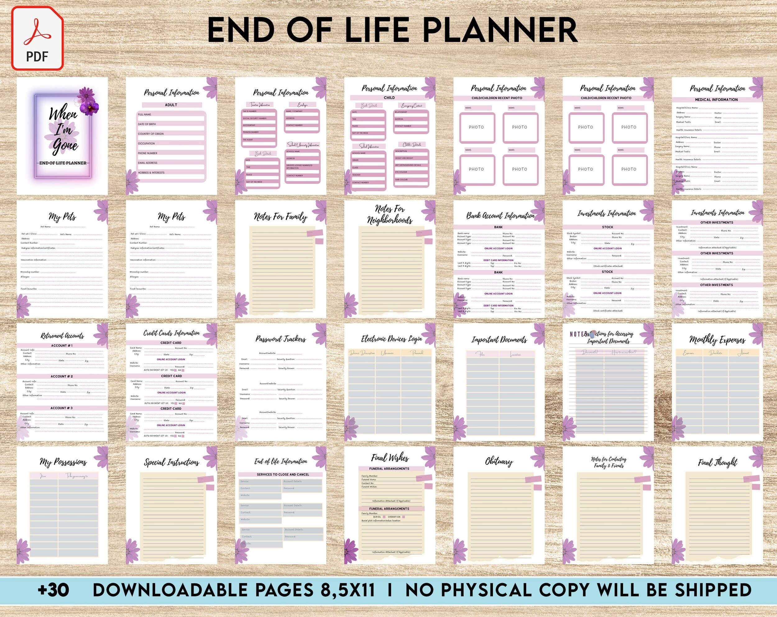 End Of Life Planner Final Wishes Planner What If Emergency Binder 8x11 Inch Pages Size Legacy Planner Funeral Planner Estate Planning Organizer PDF 